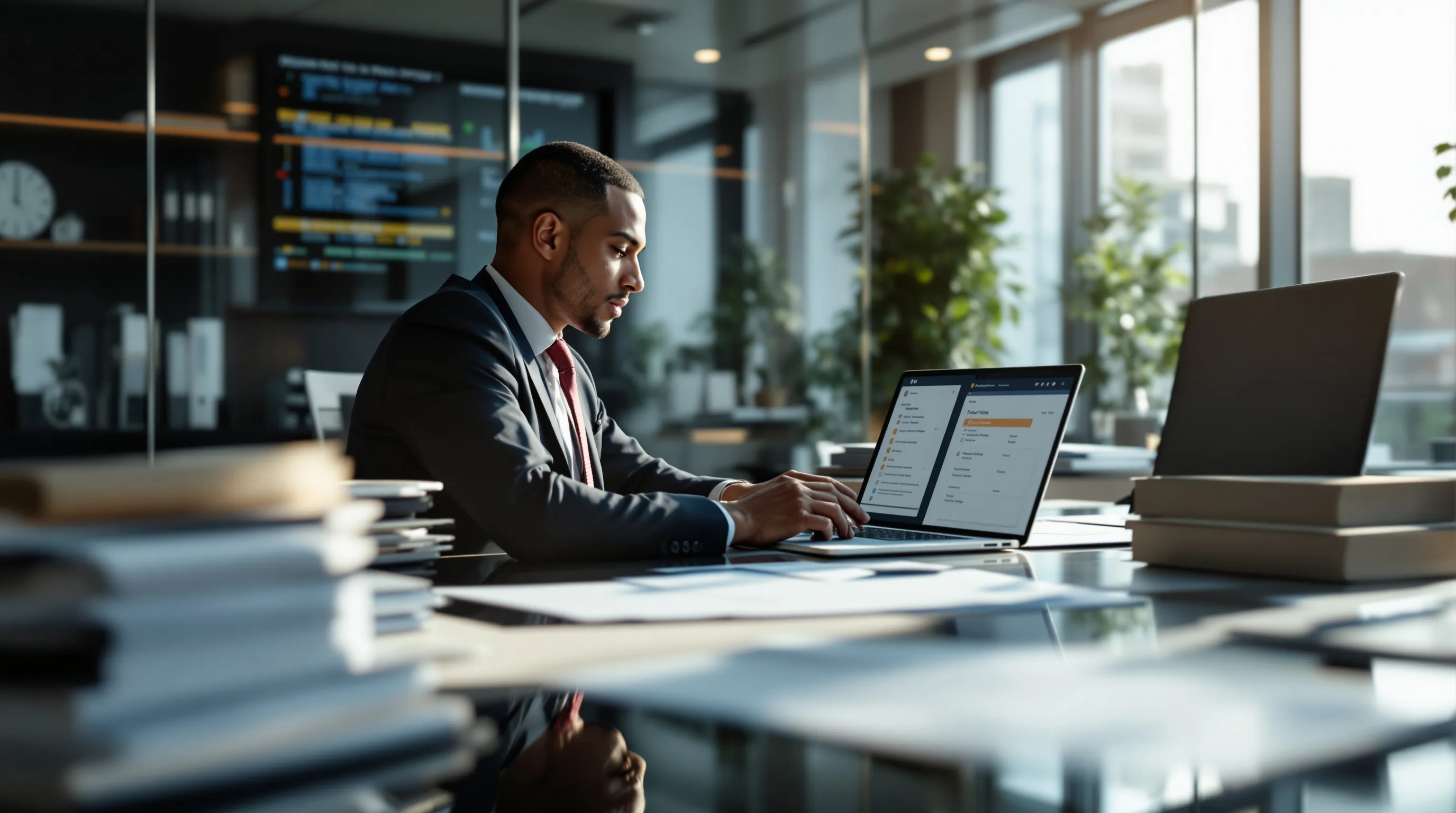 Attorney reviewing AI-assisted e-discovery outputs with cited exhibit annotations in a modern litigation workspace