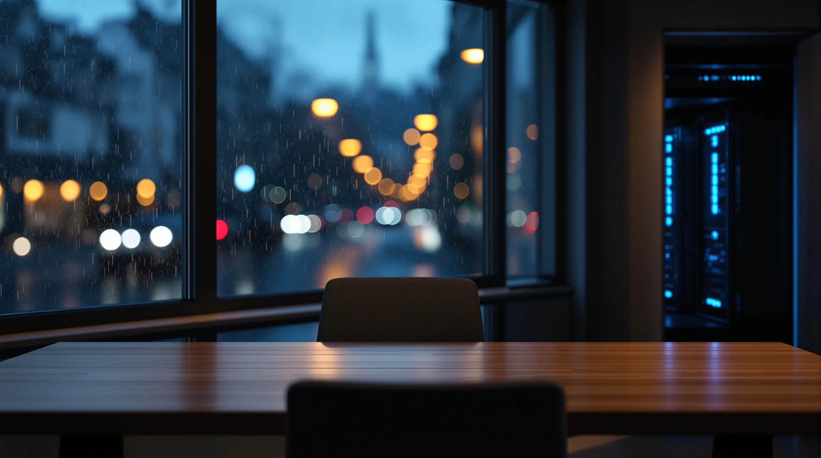 An empty office in a European city at dusk, a single bare wooden desk with a chair pushed back, rain streaking the large window behind it, the wet street lights blurred into soft gold bokeh