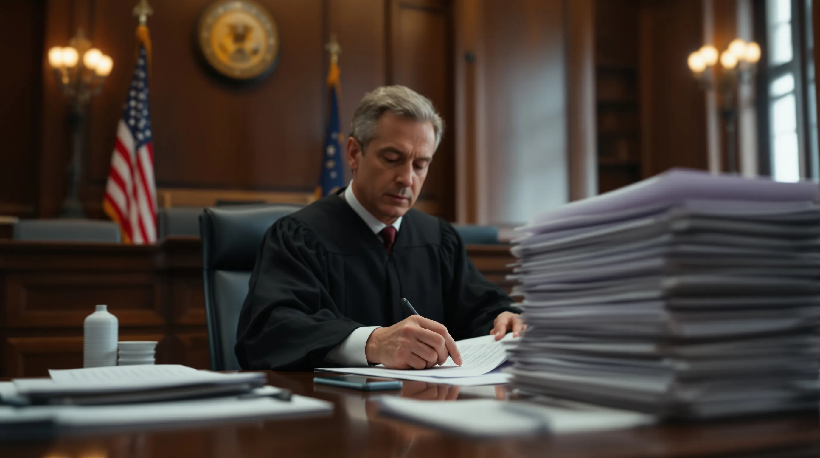 Judge reviewing AI document review workflow documentation in a federal courtroom setting