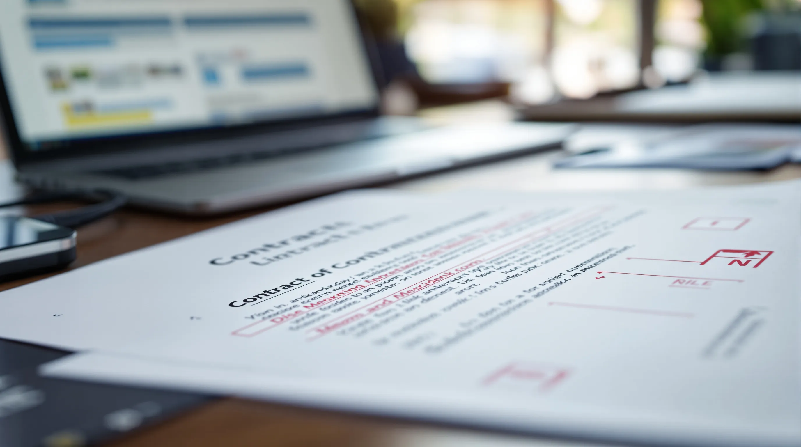 Printed contract draft with redline edits and margin comments beside a laptop showing tracked revisions and an evidence-tagged hard drive
