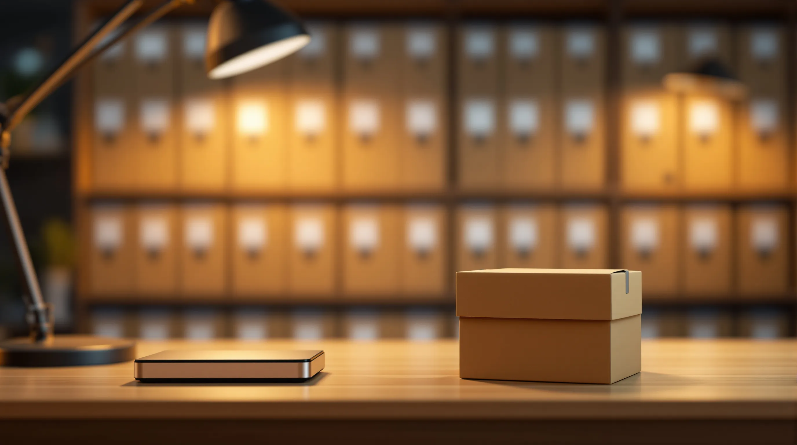 Photorealistic editorial close-up of a litigation support workstation at dusk: an external hard drive and a short stack of plain, unmarked cardboard archive boxes sit on a wooden desk, with rows of neatly shelved