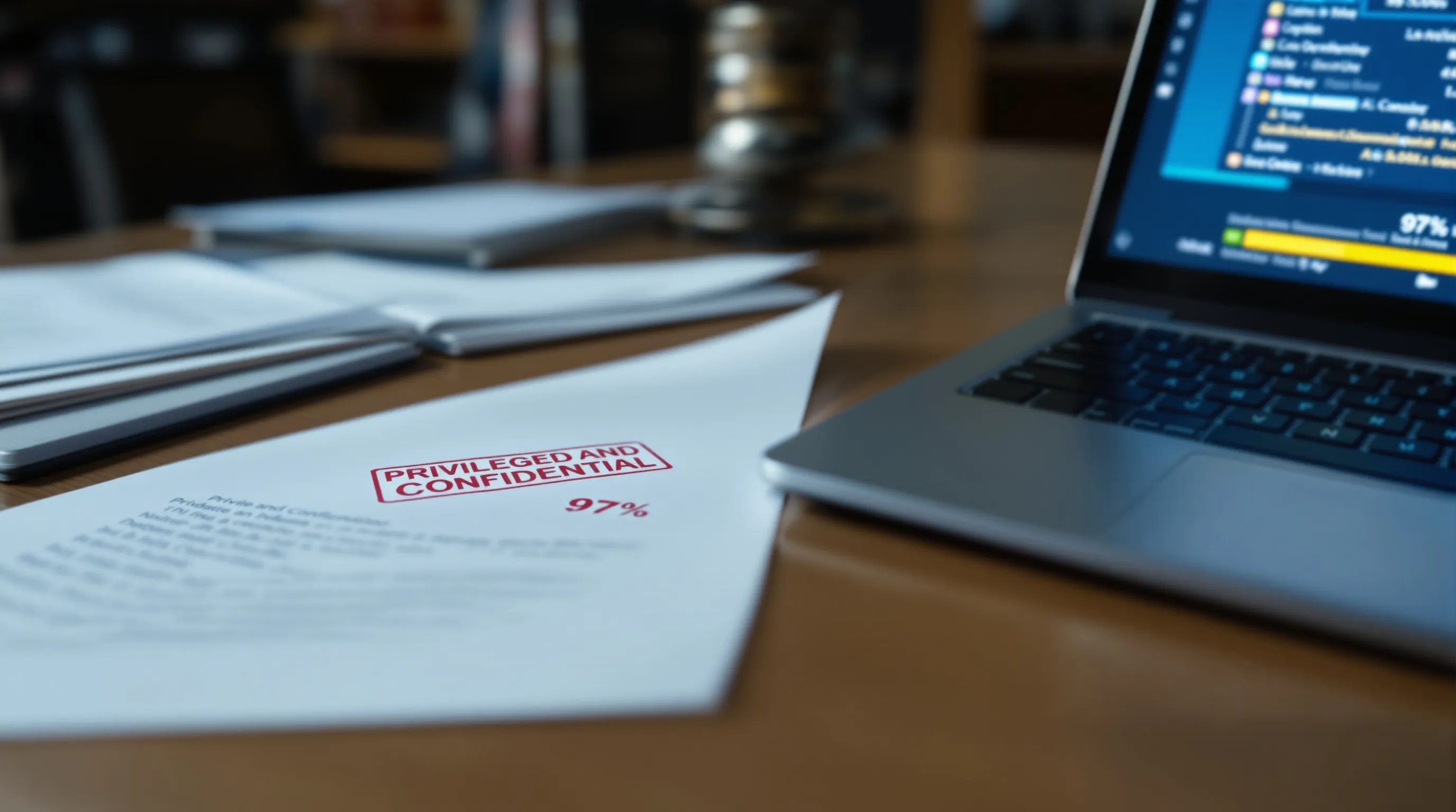 Attorney's desk with privileged document next to laptop showing AI indexing completing before privilege review runs