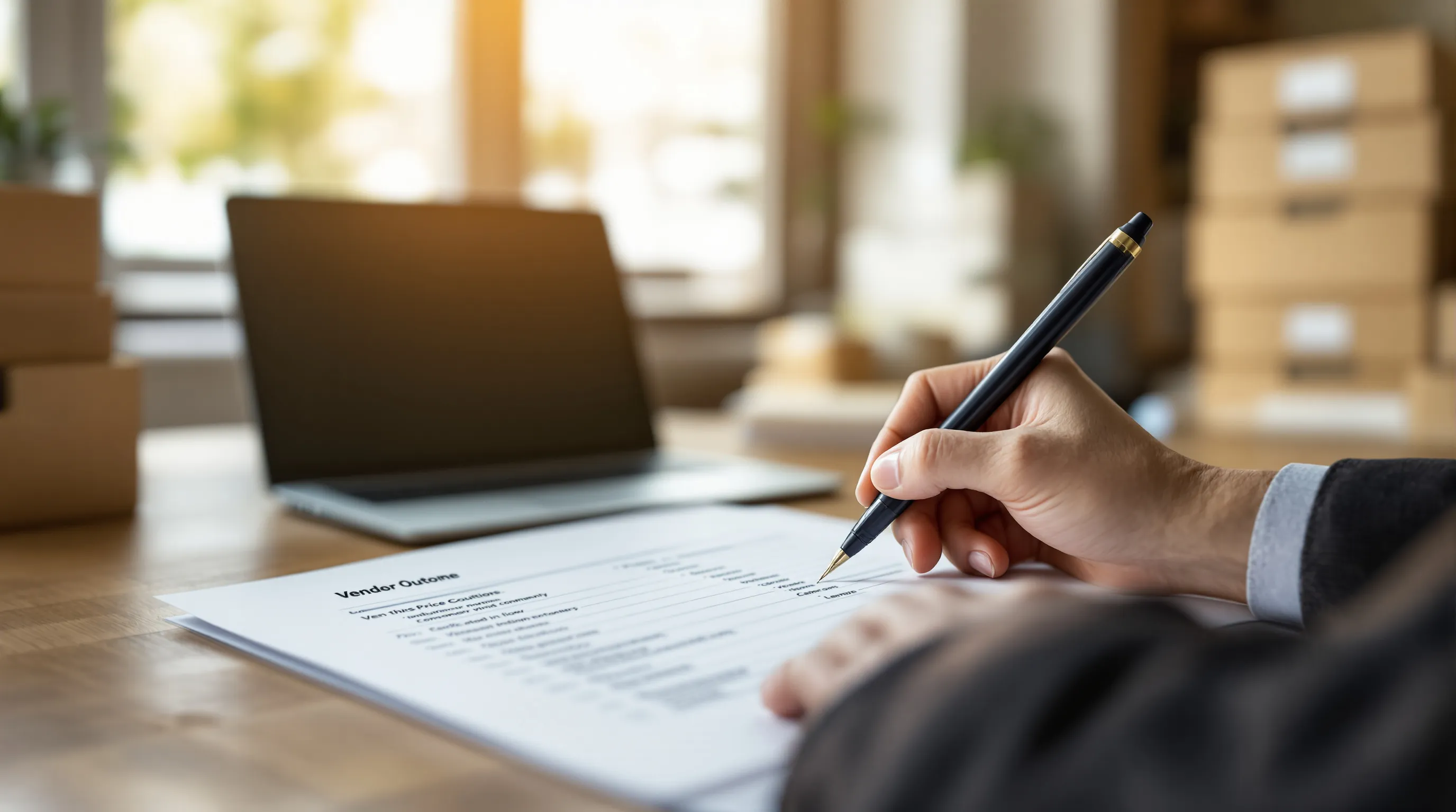 Attorney marking line items on a printed e-discovery vendor quote at a small law office desk