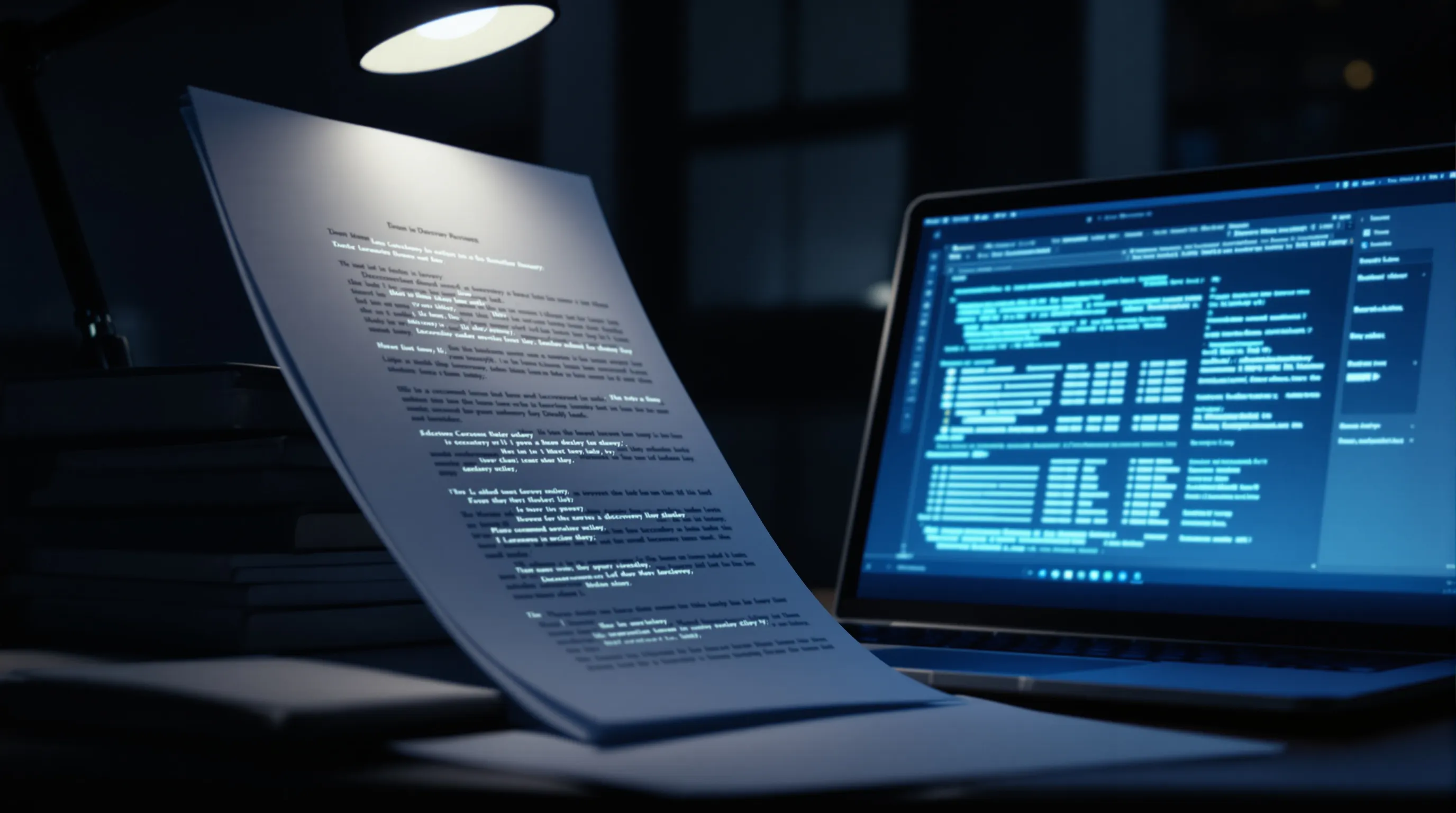 Stack of produced discovery documents under a desk lamp at night, one page showing faint hidden marks beside a laptop running AI document review