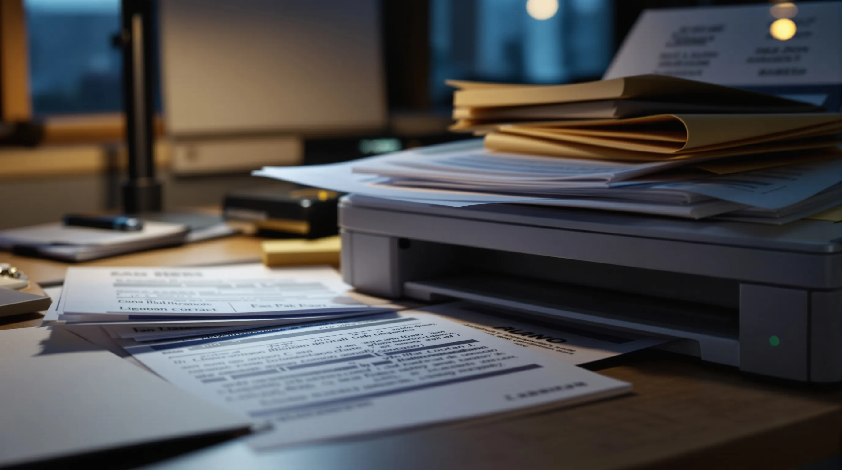 Photorealistic editorial photo of a litigation support desk at dusk: a stack of scanned foreign-language contracts and faxed pages covered in Japanese, Portuguese and Arabic script, fanned out beside a flatbed scanner
