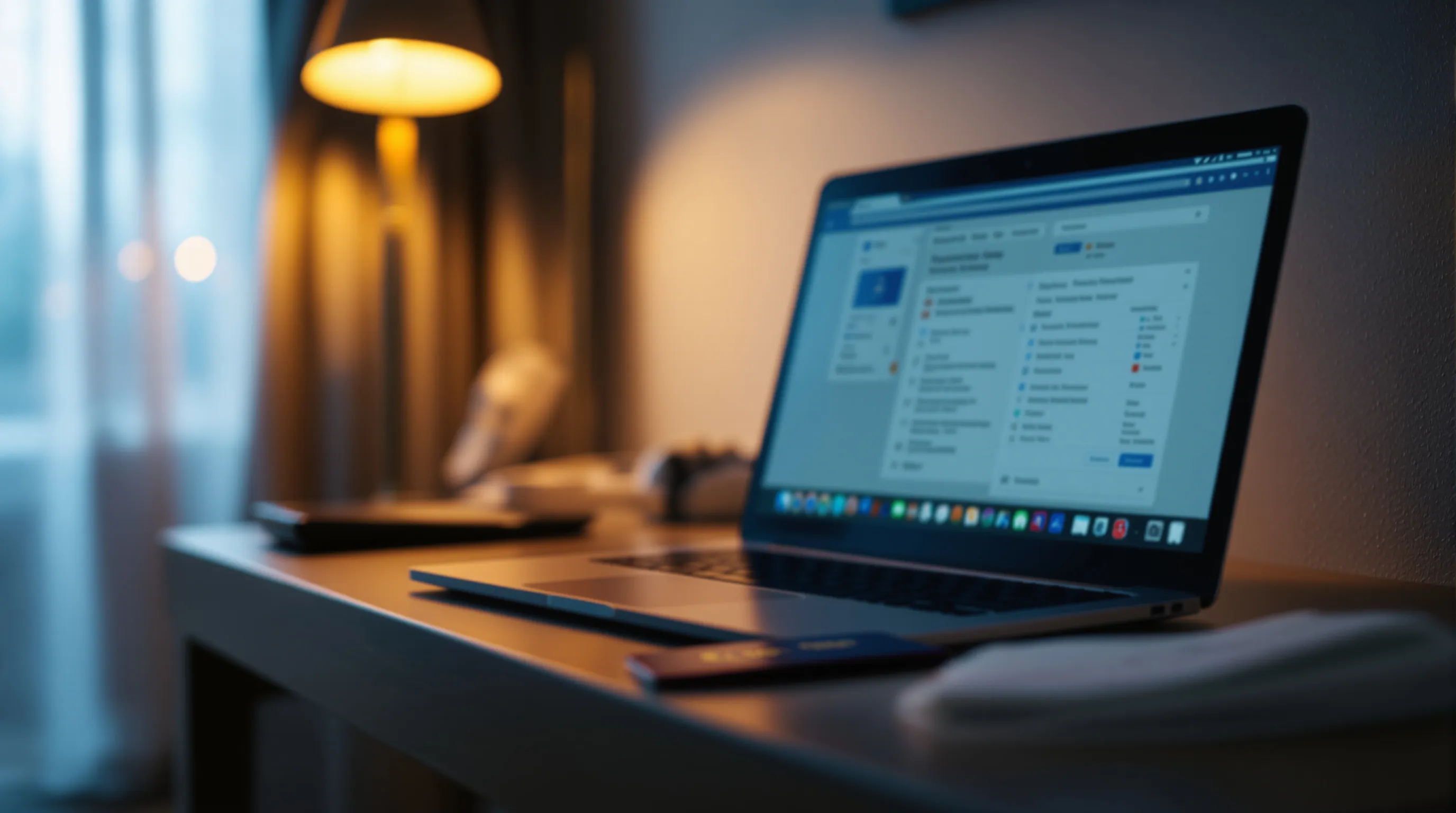 A reviewer's laptop open in a hotel room abroad beside a passport, showing how remote review can carry EU data across a border