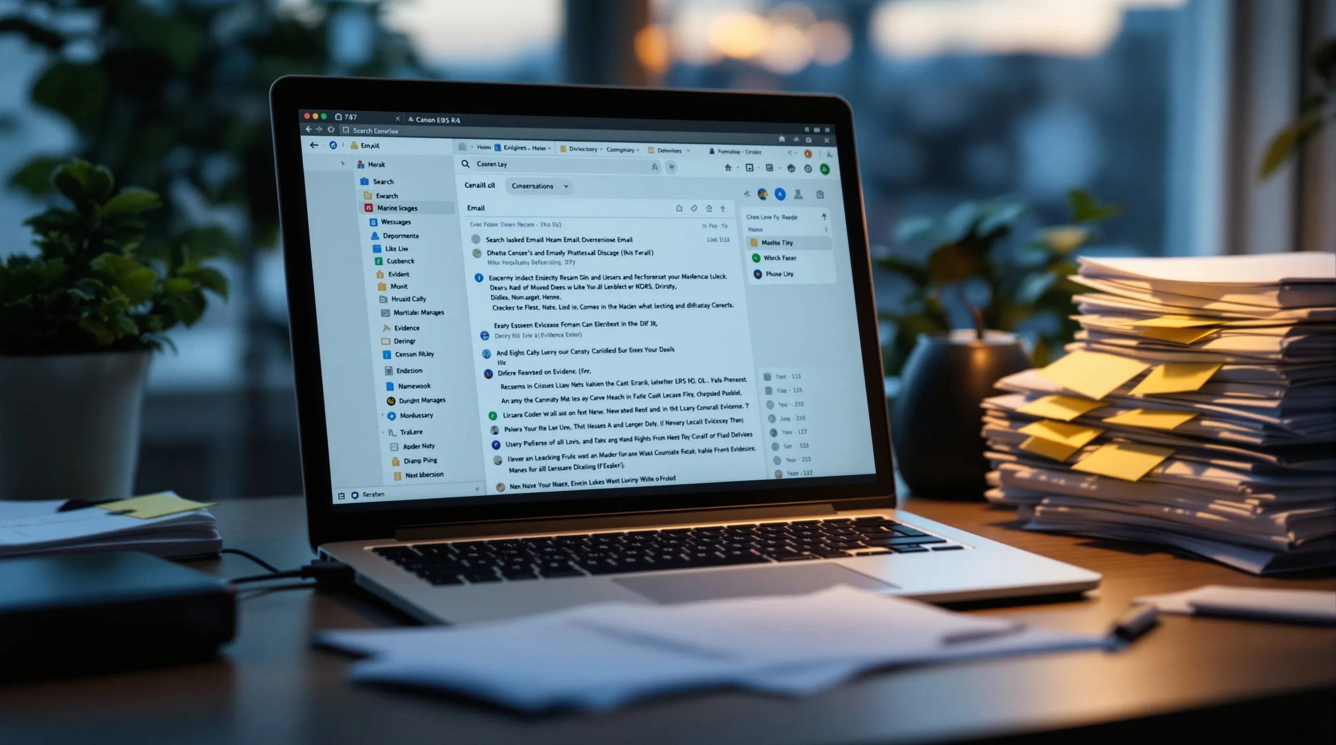 Laptop showing an email inbox search beside a stack of printed emails and an external hard drive on a small law office desk
