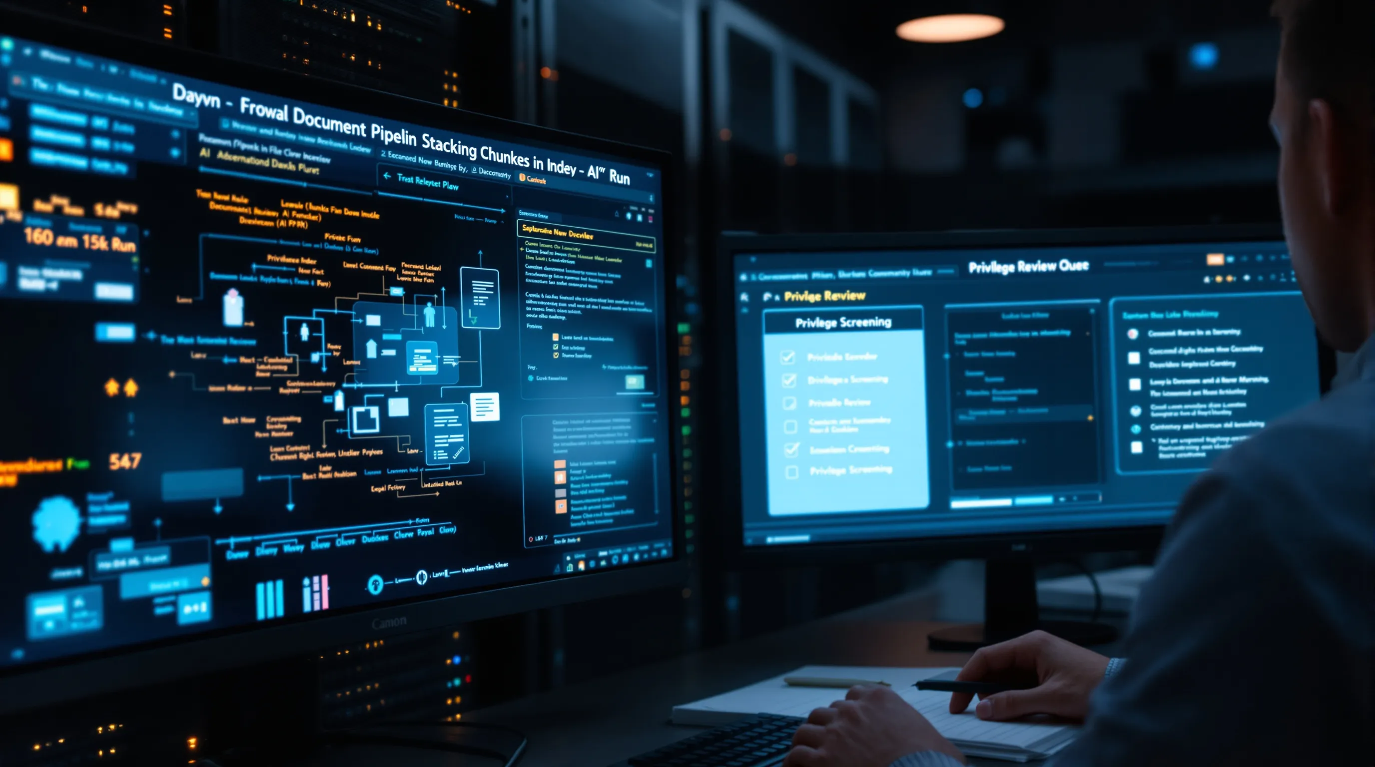 Law firm server room showing AI document indexing pipeline running before privilege review screen is complete