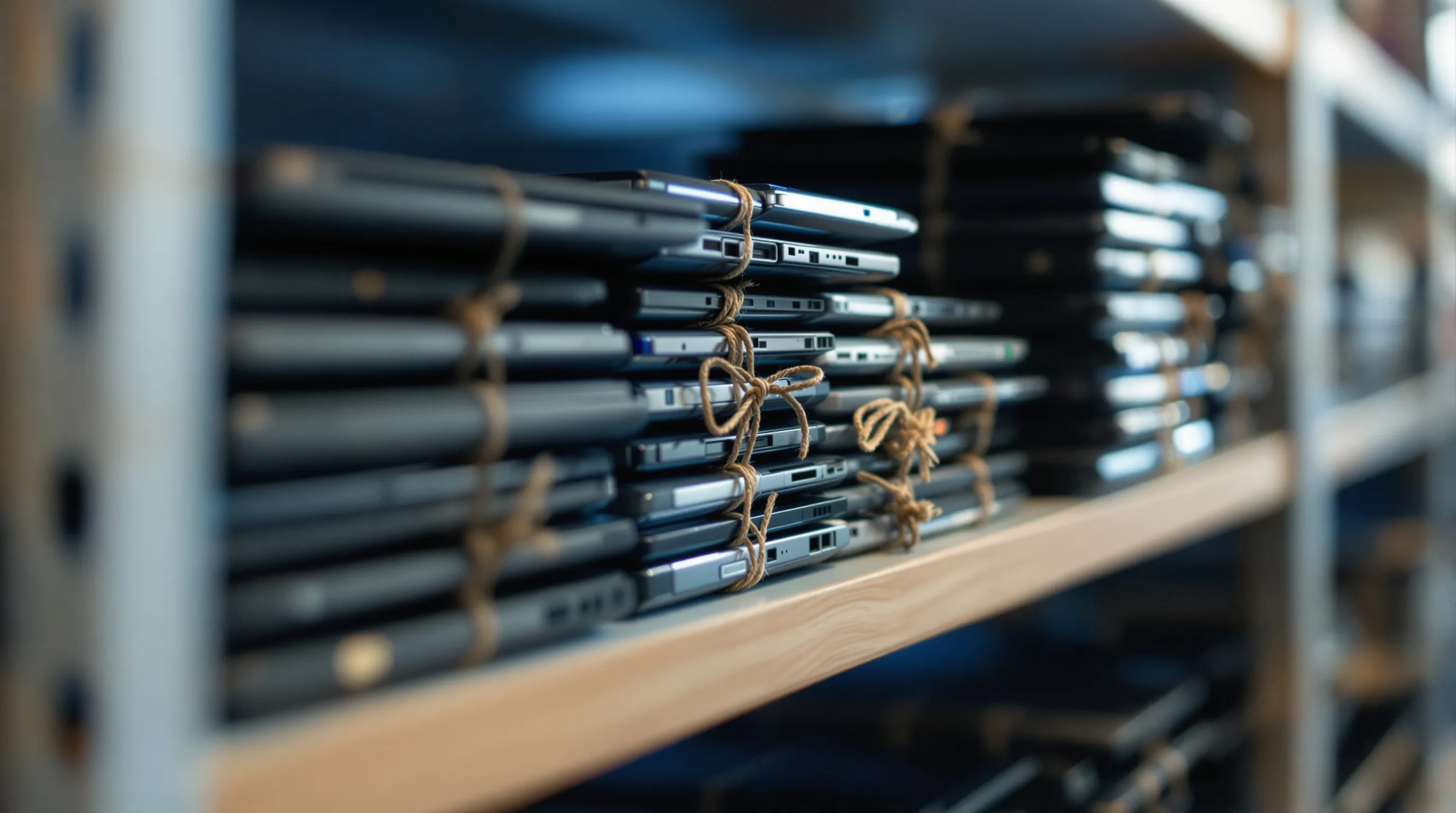 Photorealistic close-up of an IT storage shelf holding retired laptops and smartphones, each one wrapped with a loop of twine and a small knot of colored cord around its hinge or edge, stacked neatly in rows