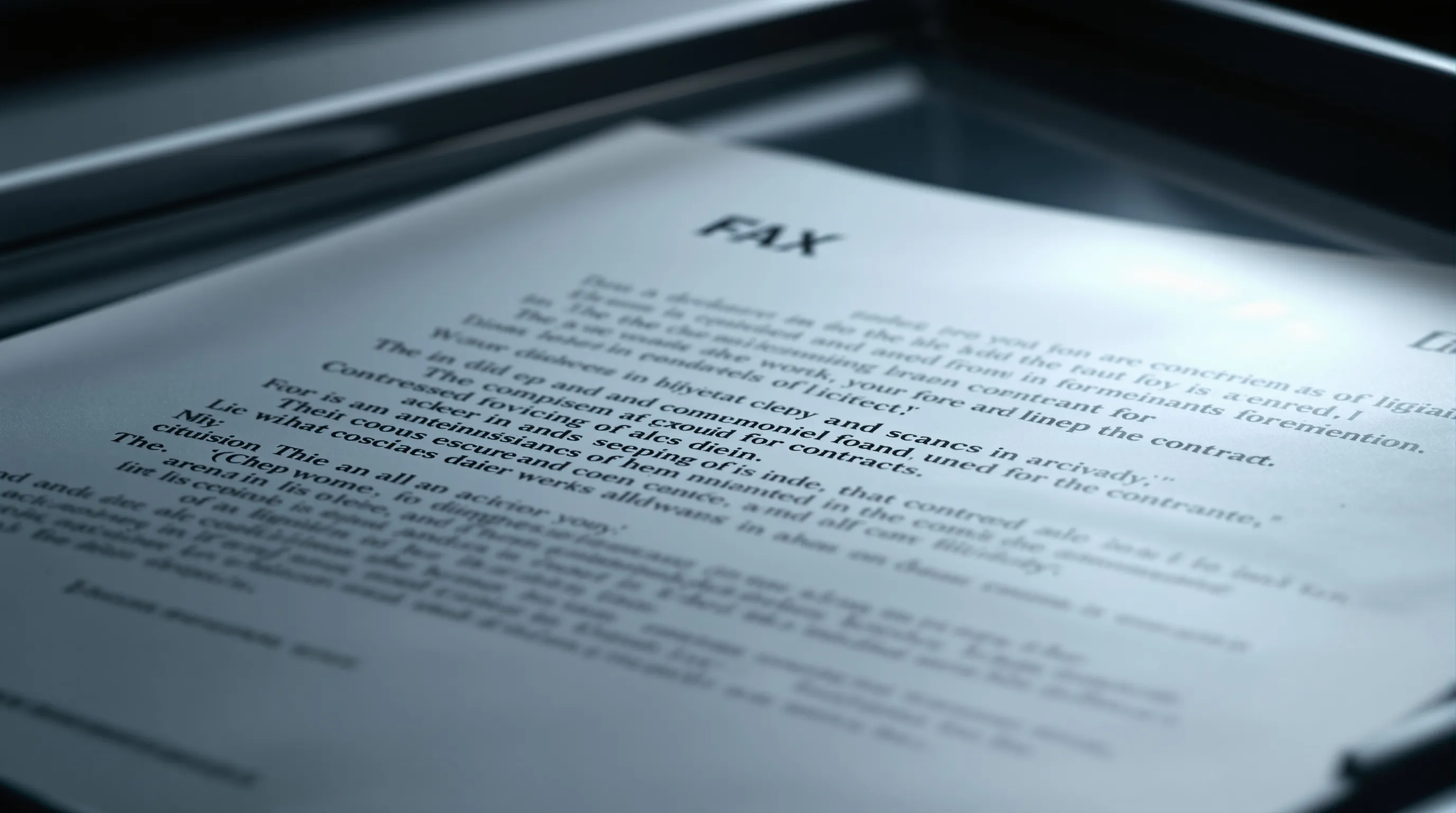 A faded, skewed photocopied contract page on a flatbed scanner, the kind of degraded scan that produces OCR errors in eDiscovery