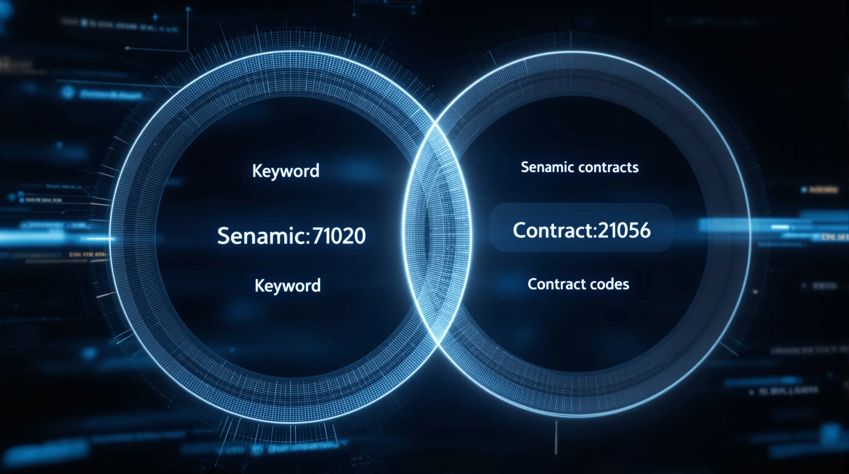 Two overlapping search circles representing keyword and semantic retrieval passes, their union glowing white against a dark digital background. Documents marked with alphanumeric contract codes fall only within the union