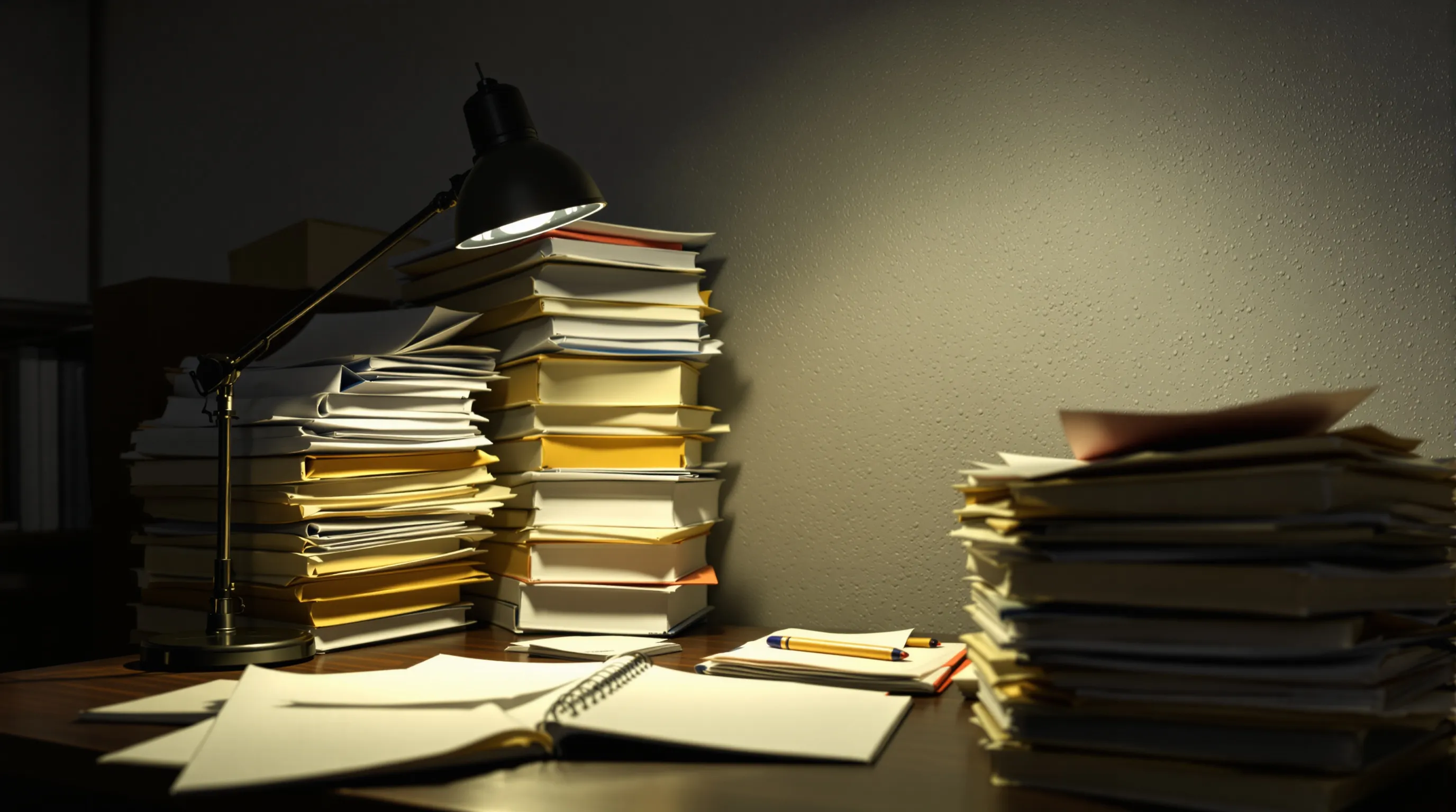 A small litigation office at night: tall stacks of banker