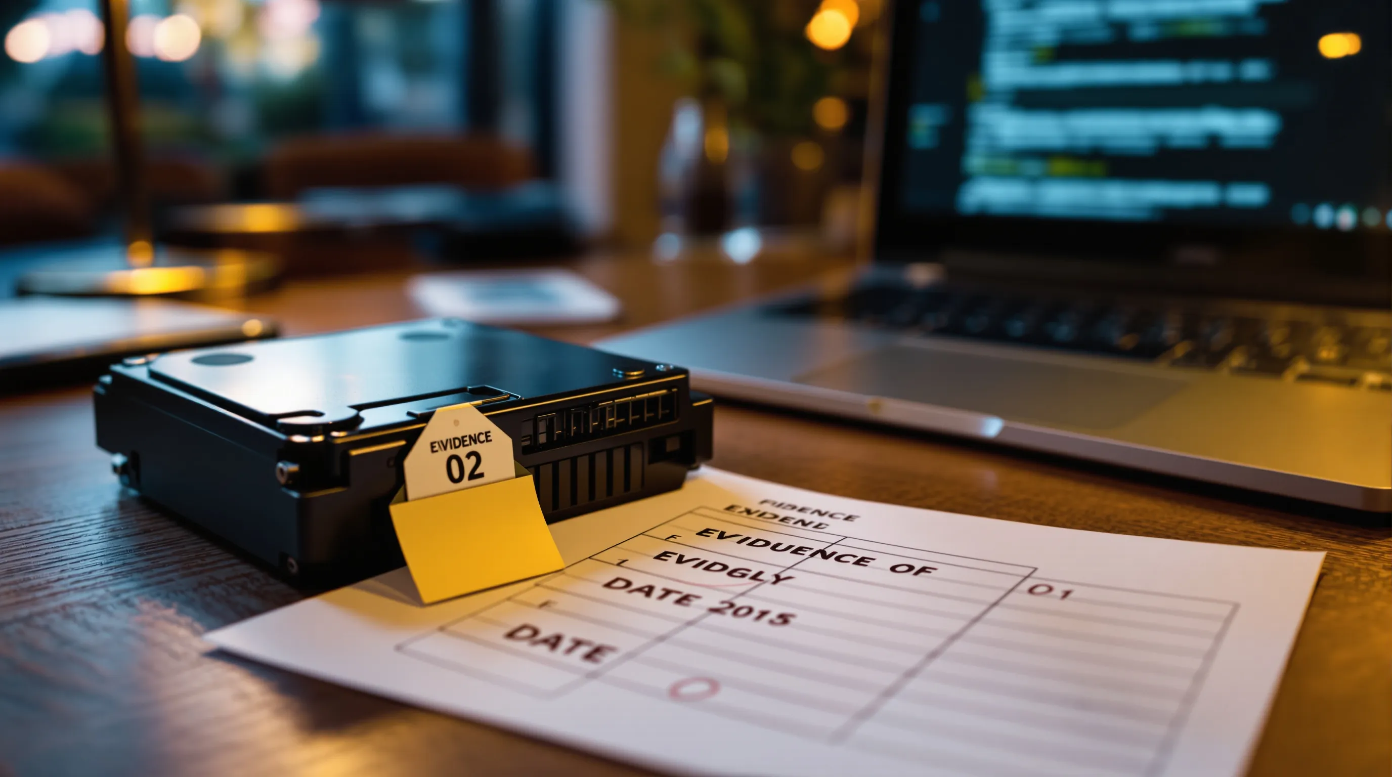 Evidence-tagged hard drive beside a printed file-properties sheet with date fields circled in pencil on a law office desk