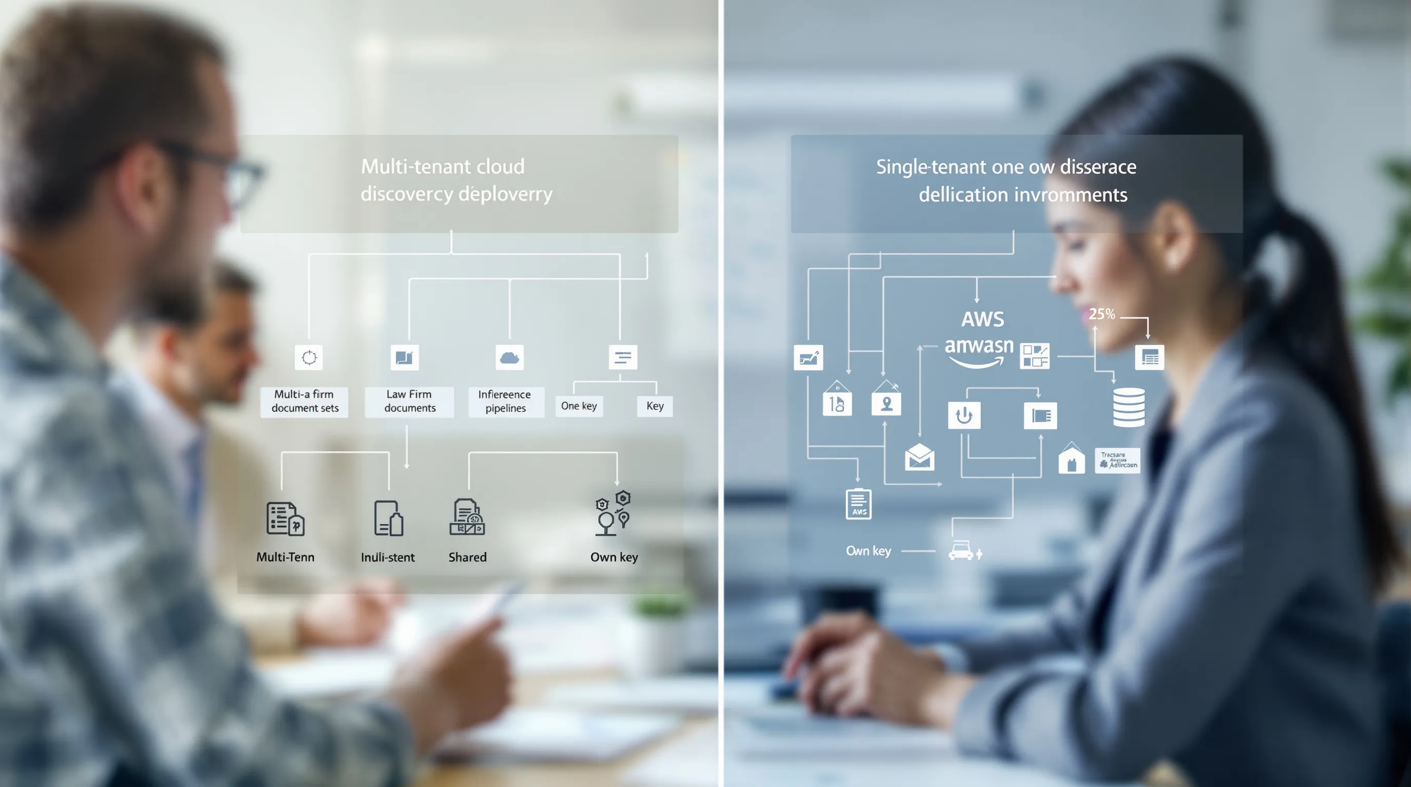 Diagram comparing multi-tenant cloud versus single-tenant private AI deployment architecture for e-discovery