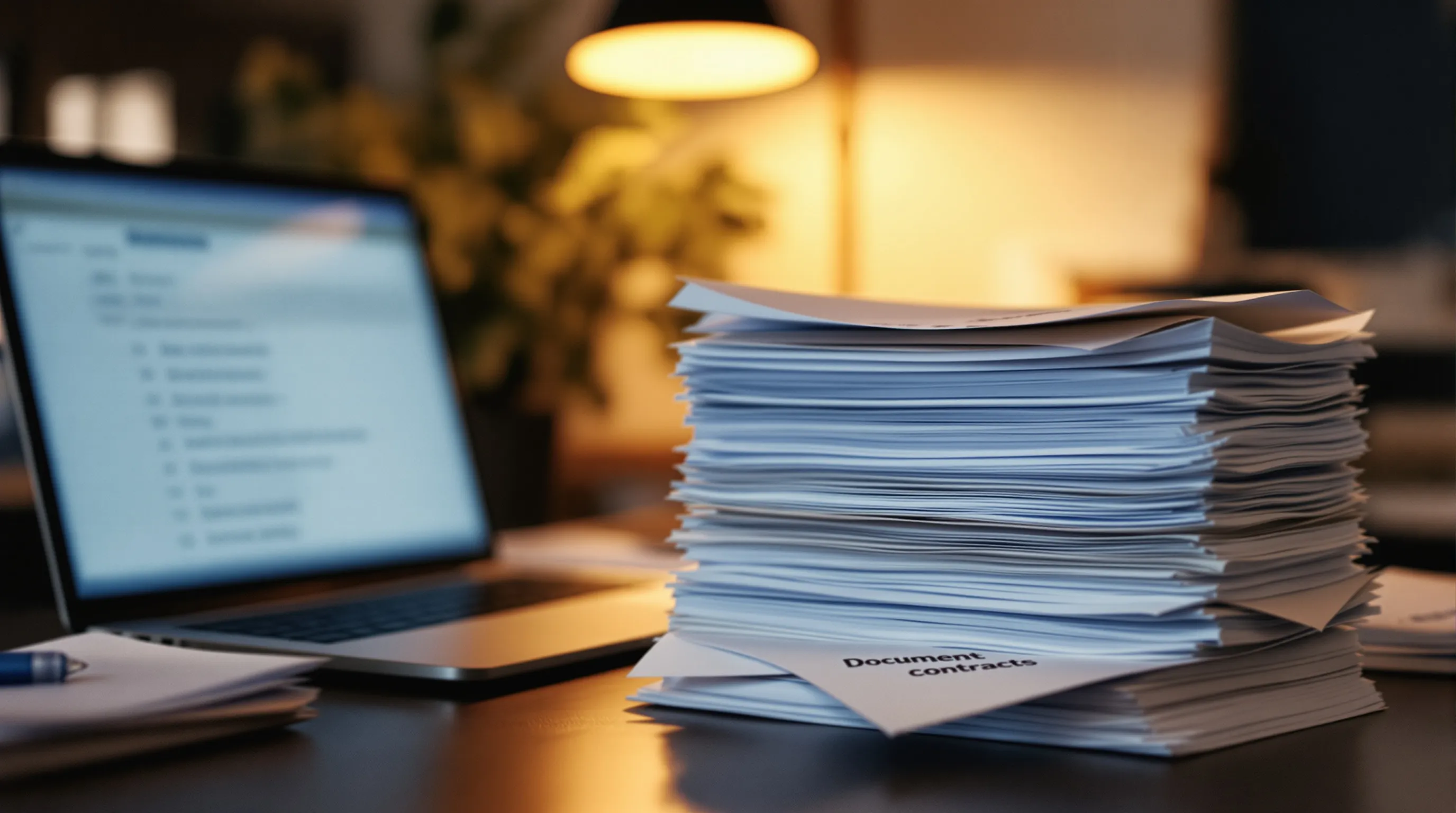 A stack of printed litigation documents with one foreign-language page half hidden beneath English pages next to a laptop review queue