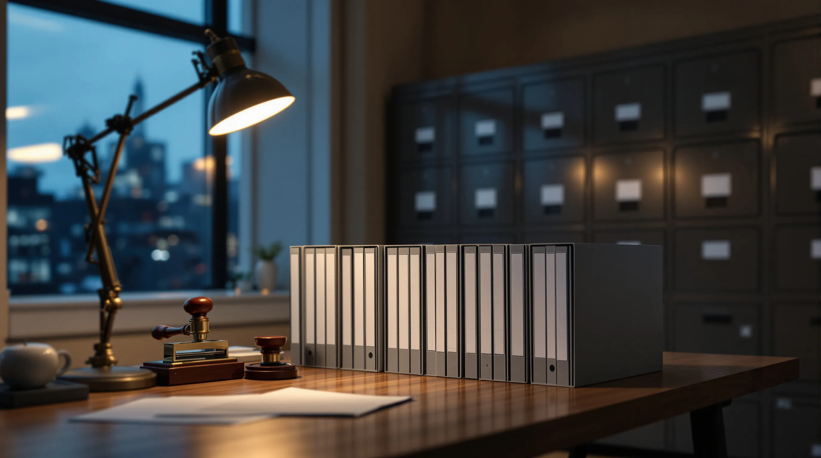 A quiet government records office at dusk, a single wooden desk holding rows of sealed grey archive boxes with blank spines beside a hand-cranked brass date stamp and an ink pad, a tall window behind with cool blue