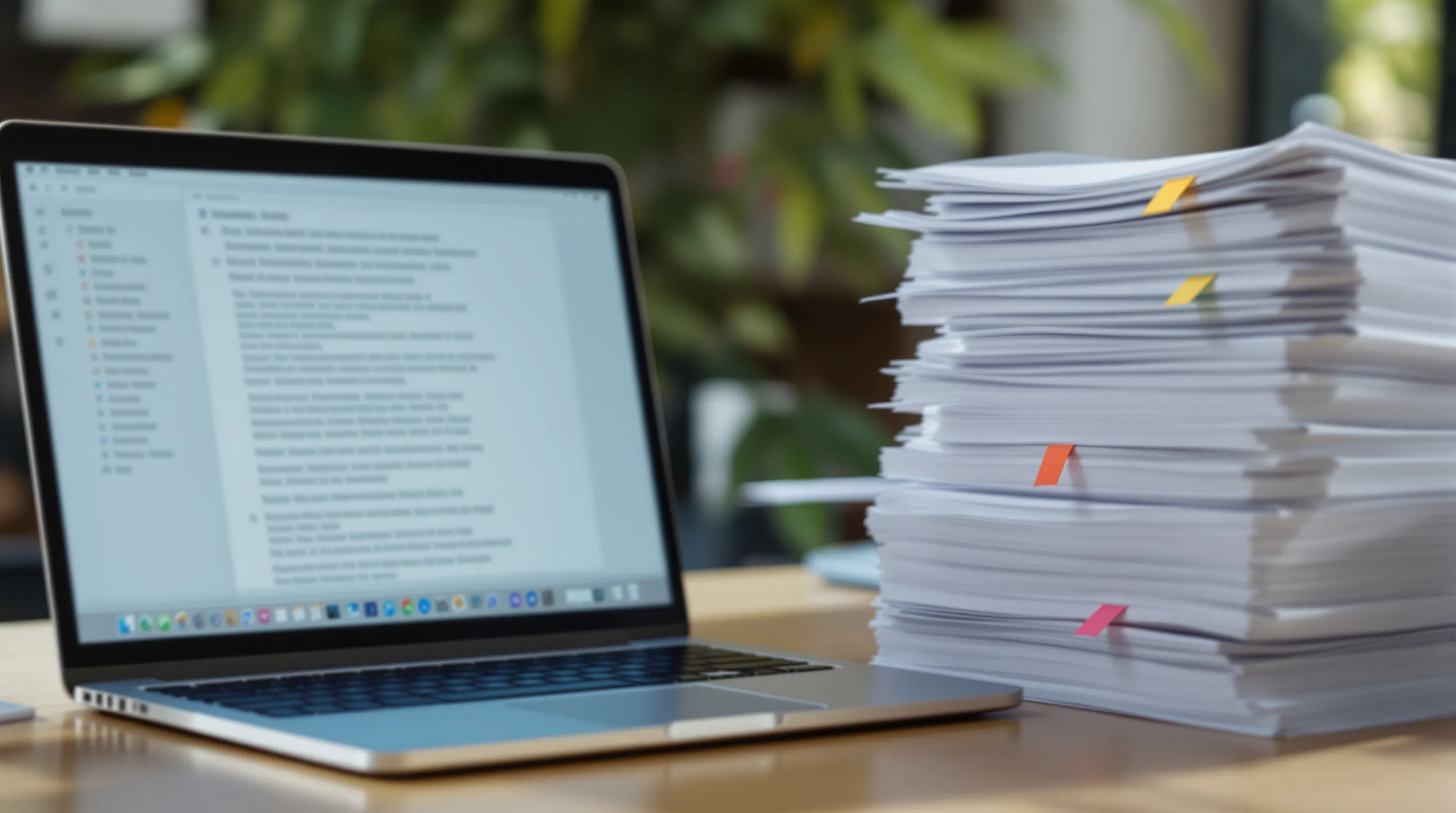 Laptop showing a long workplace chat thread beside a tall stack of printed pages with only a few flagged for review