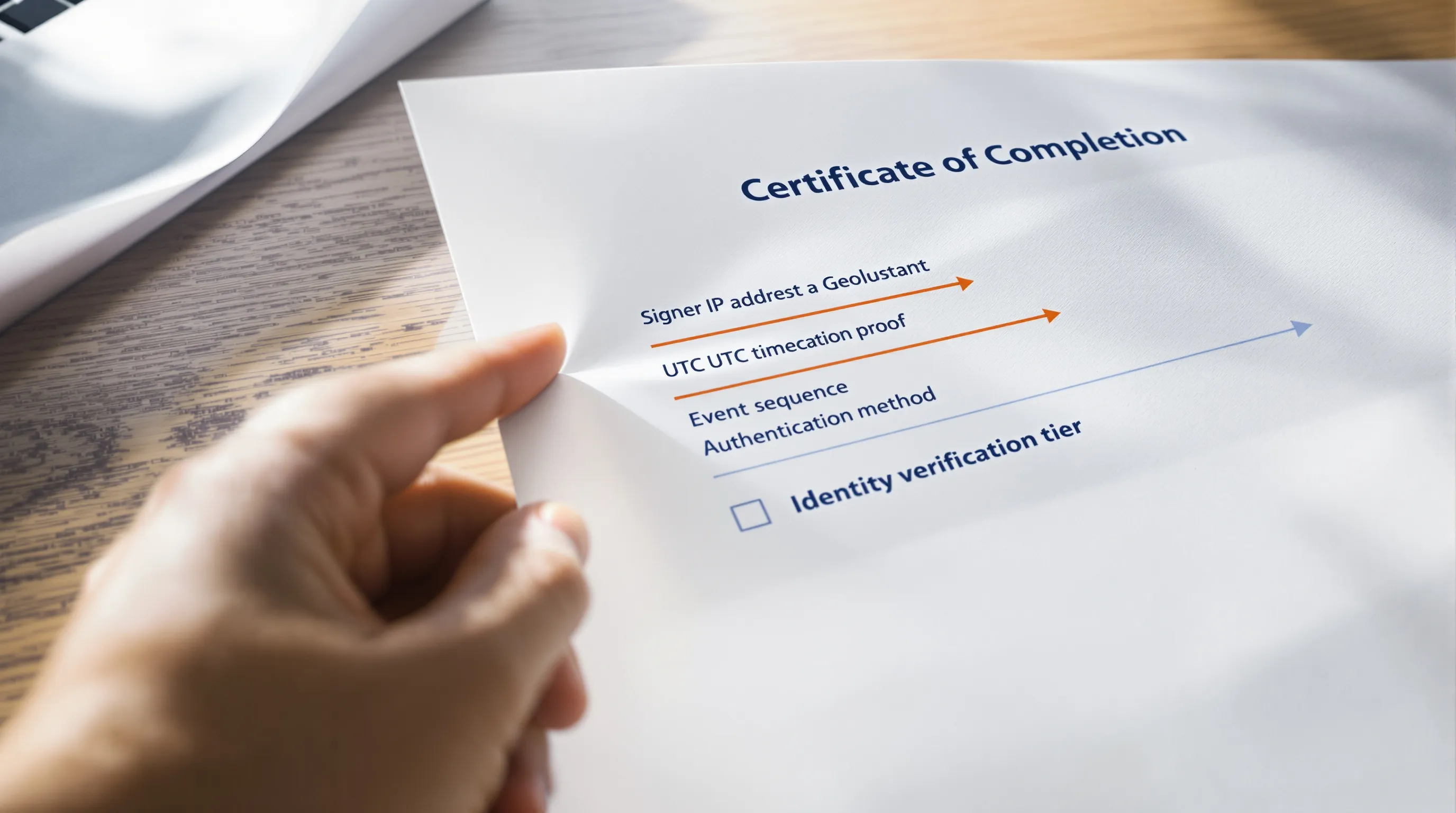 Annotated DocuSign Certificate of Completion showing the three critical evidentiary fields