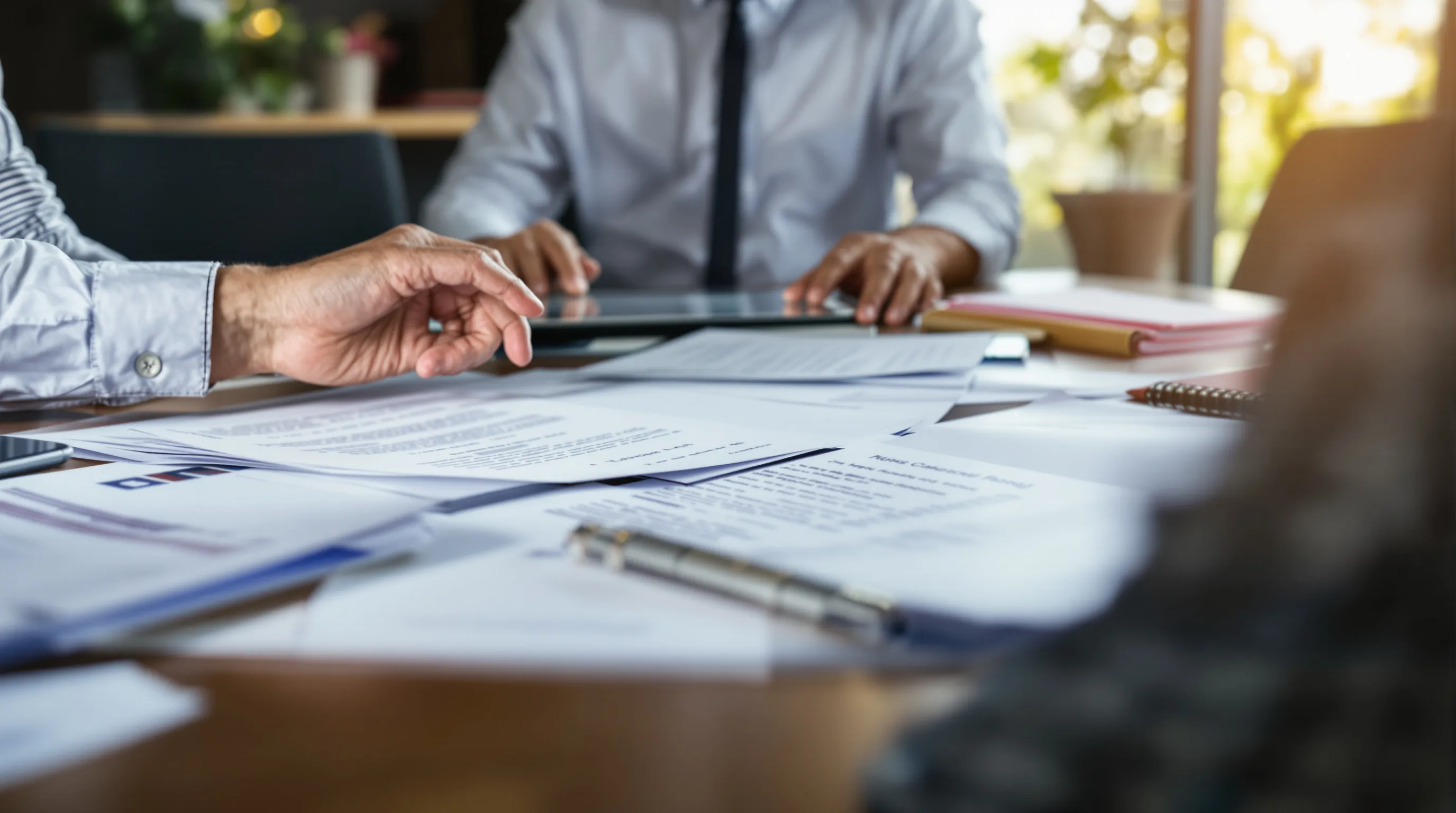 Litigation attorney reviewing digital and printed documents at a conference table in a professional office setting