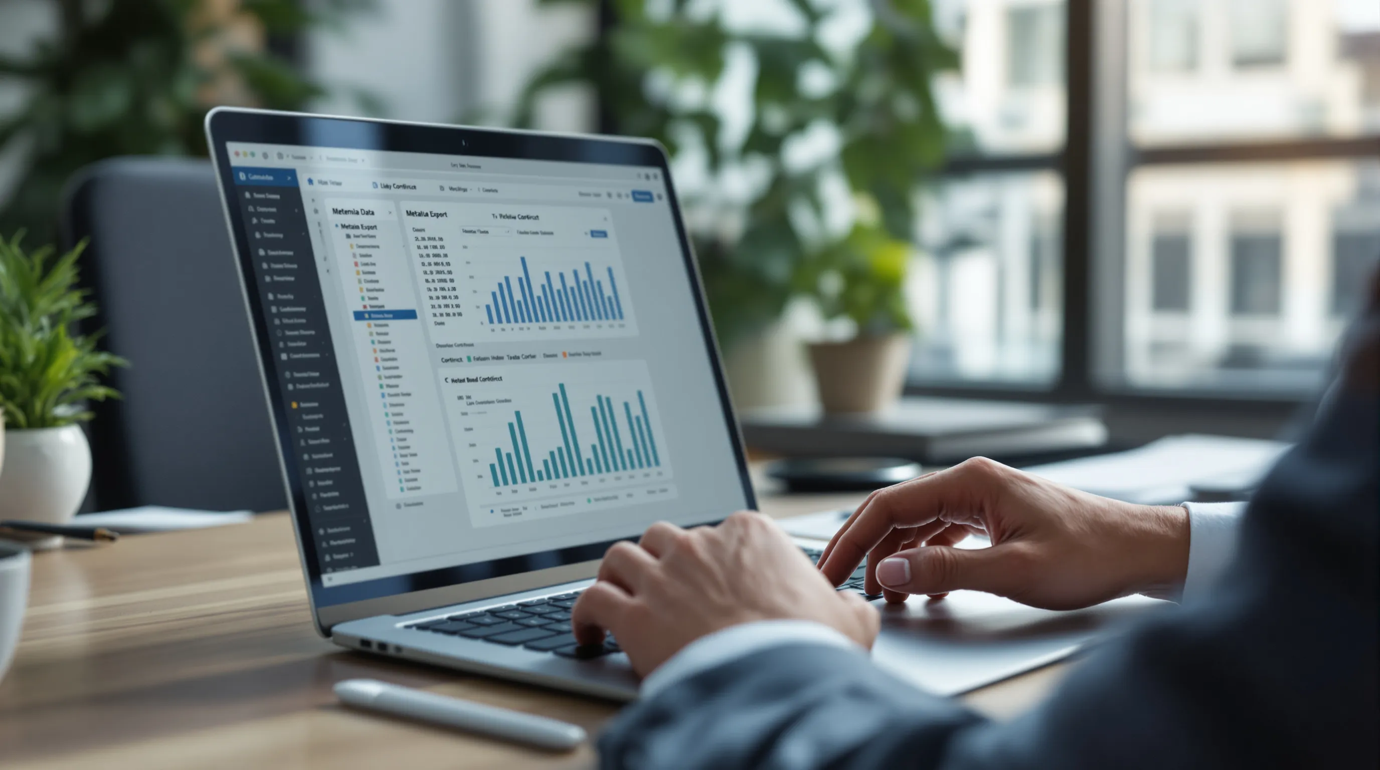 Litigation attorney reviewing SaaS data export metadata on a laptop in a law office setting
