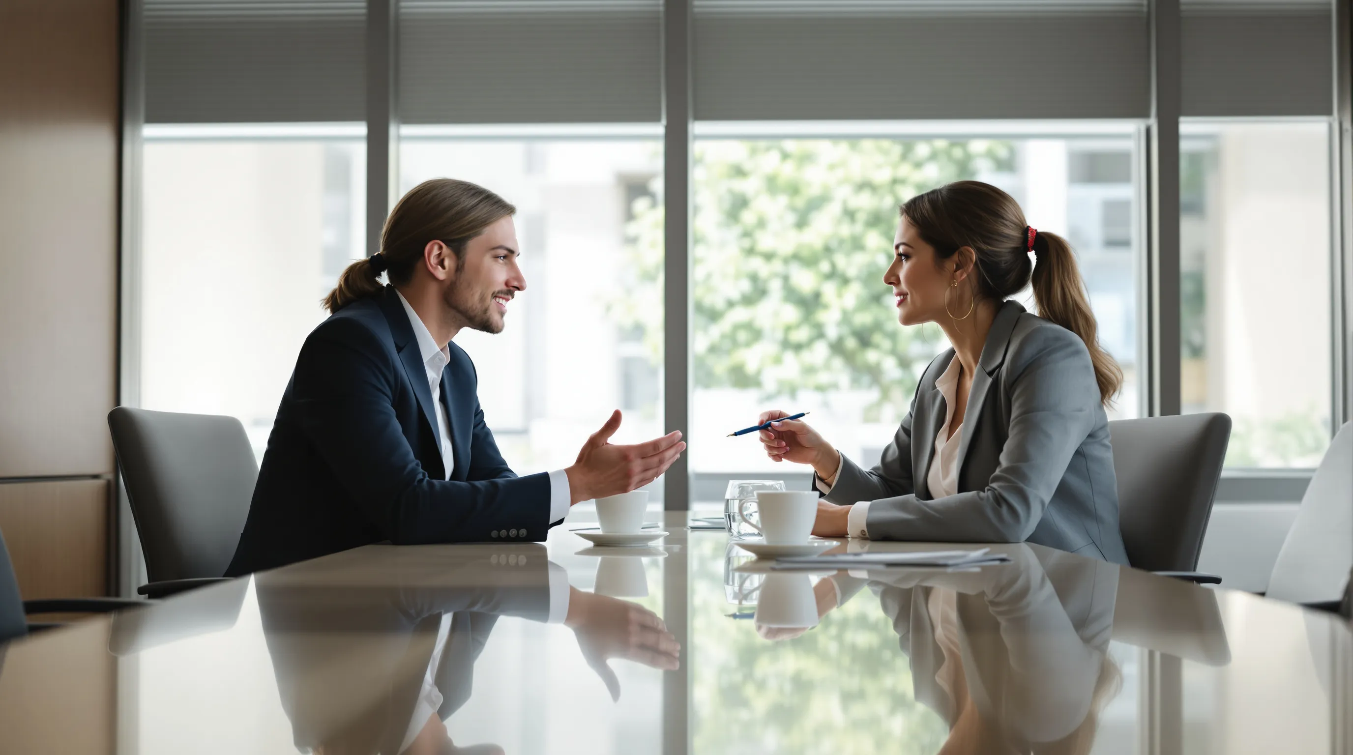 Photorealistic editorial scene of two litigators seated across a polished conference table during a meet-and-confer, one leaning forward mid-conversation with an open hand gesture, the other listening with a pen resting
