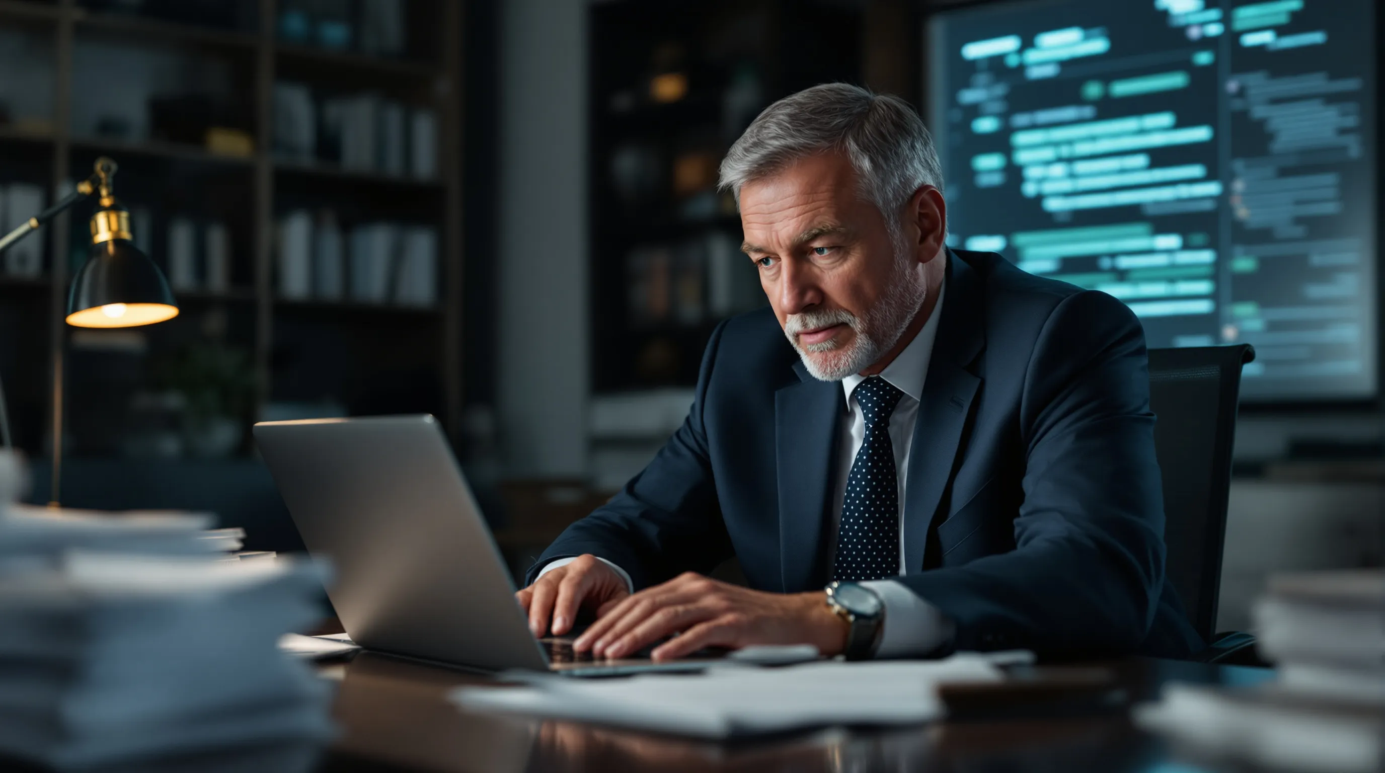 Attorney reviewing AI assistant chat logs on a laptop in a law office at night, surrounded by legal discovery documents