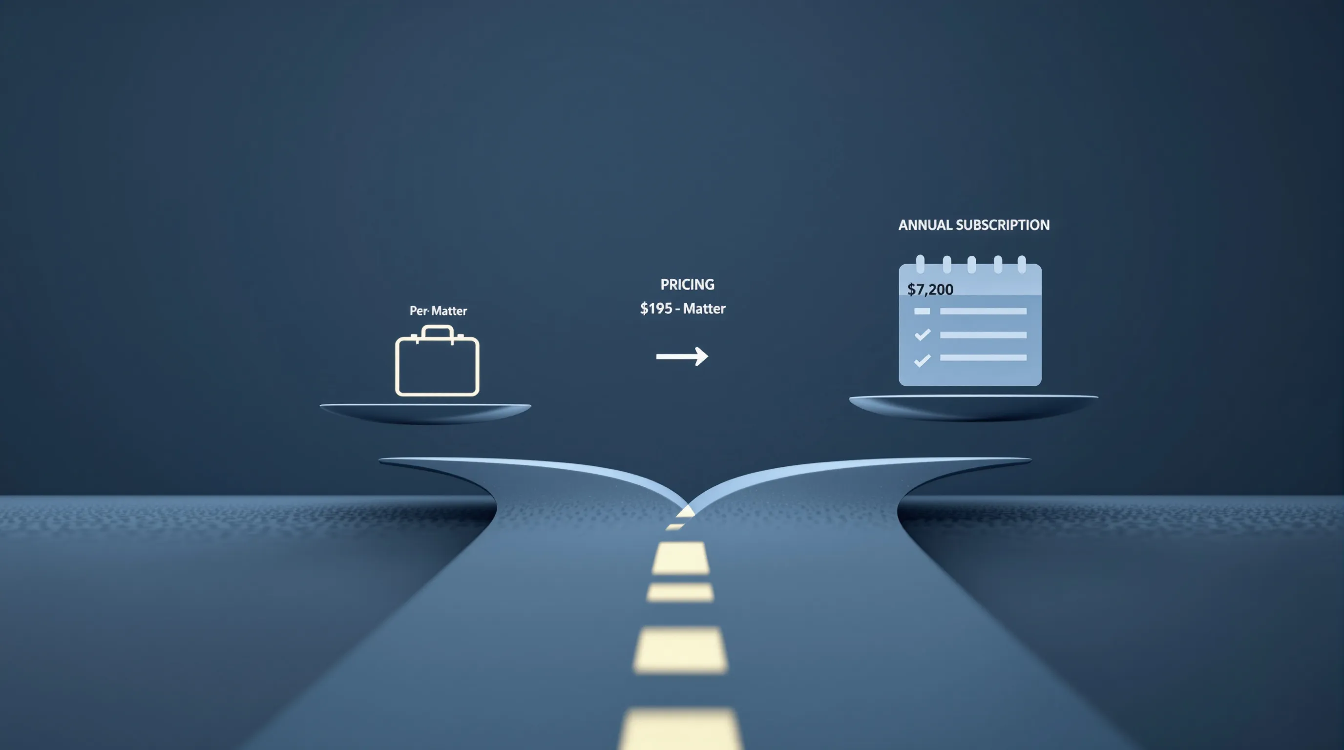 A clean, professional visual concept-style hero image showing two pricing paths diverging at a crossroads. On the left path, Per-Matter, a single briefcase or legal folder icon with a $195 price tag