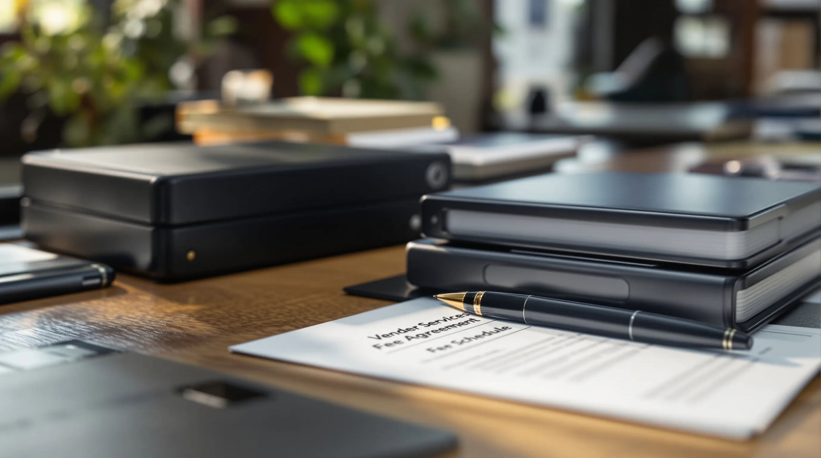 E-discovery vendor contract open to its fee schedule beside a stack of external hard drives on a lawyer