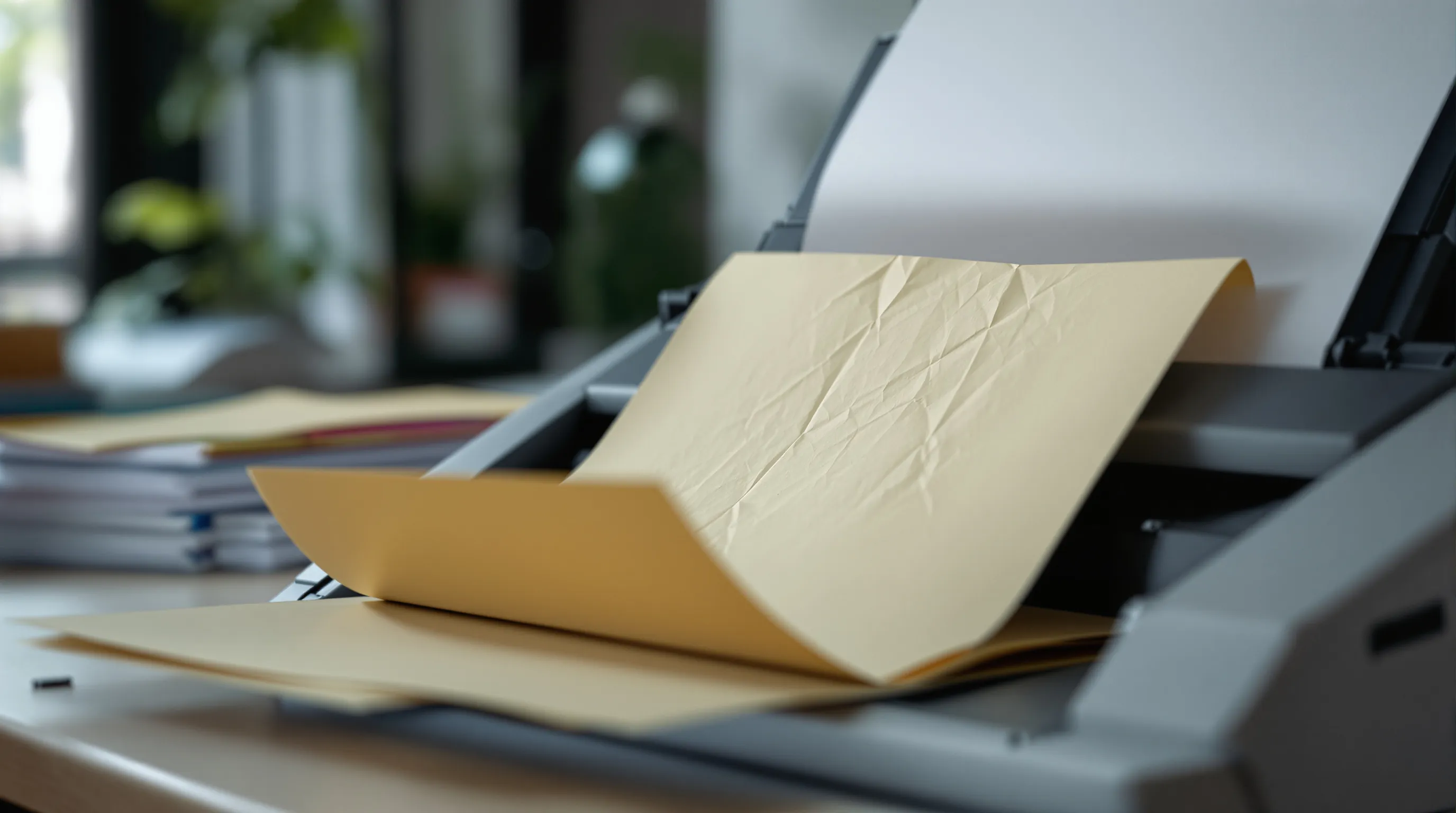 A faded paper page feeding through a desktop scanner, with tabbed folders sorted on one side and an unsorted pile of documents on the other.