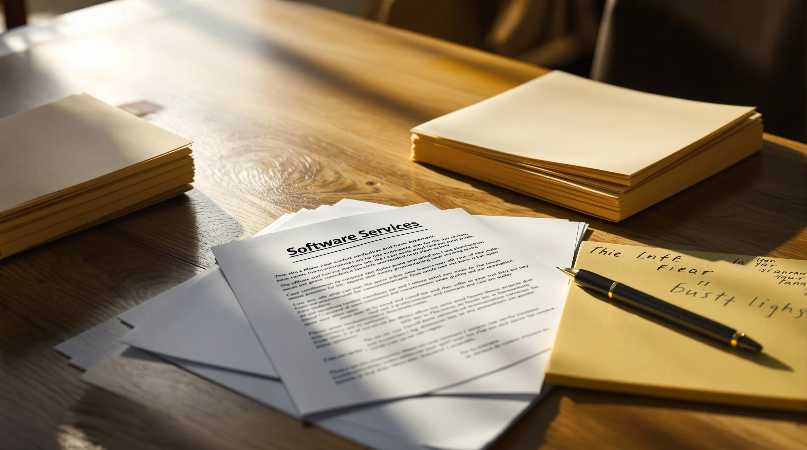 Photorealistic editorial photo of a small law office conference table in late afternoon light: a printed software services agreement lies open with a pen resting on a marked-up clause, beside a neat stack of loose