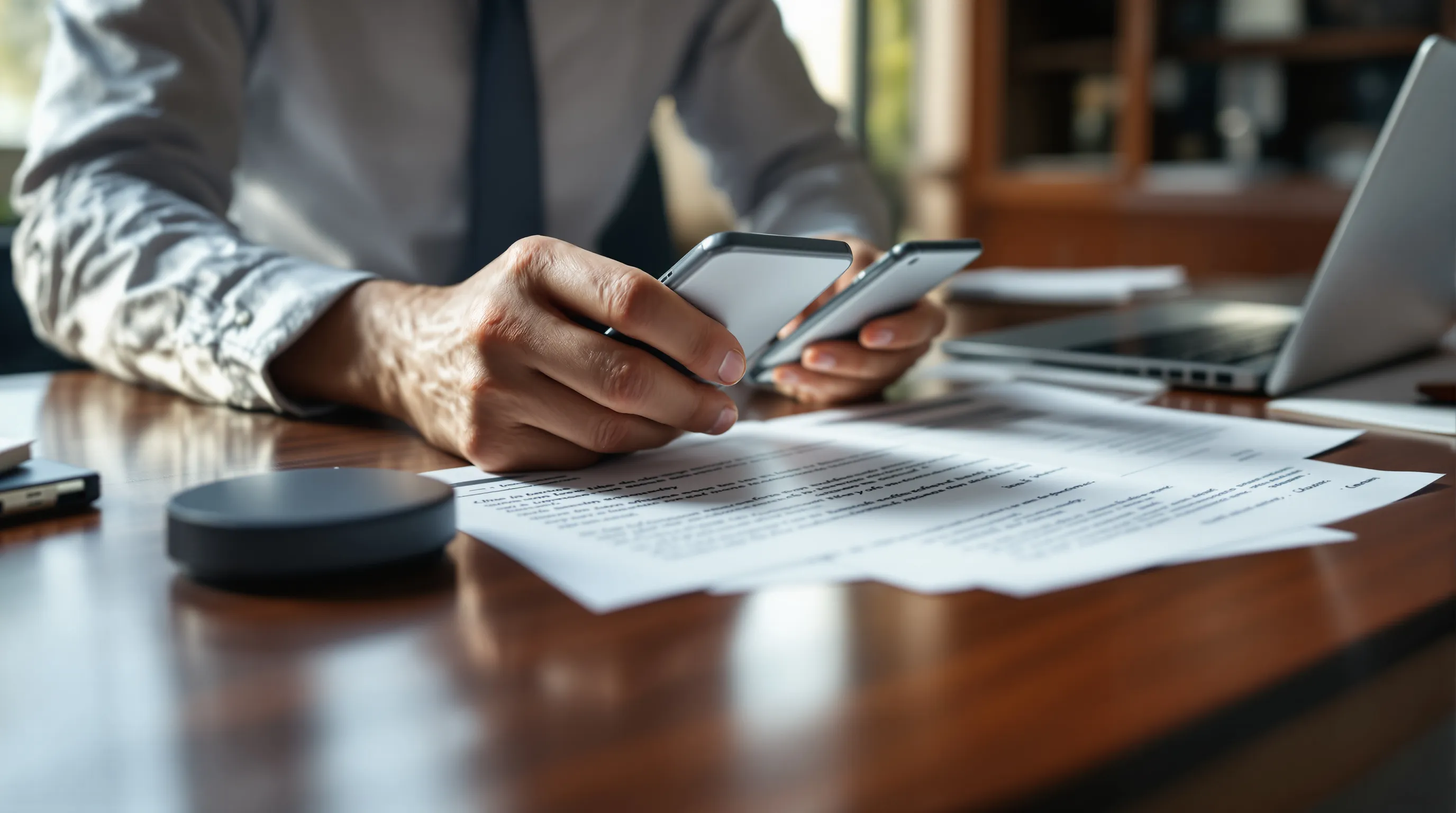 A litigation attorney compares two smartphones on a desk covered in legal hold documents, forensic collection equipment, and chain-of-custody forms in a professional law office