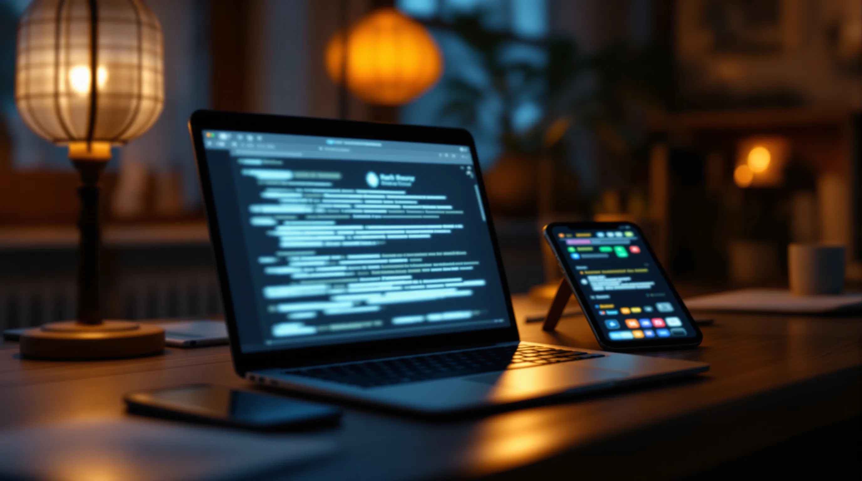 Photorealistic editorial scene in a small law office at dusk: an open laptop on a wooden desk glows with an abstract, blurred email draft, while a smartphone beside it lights up with a soft notification