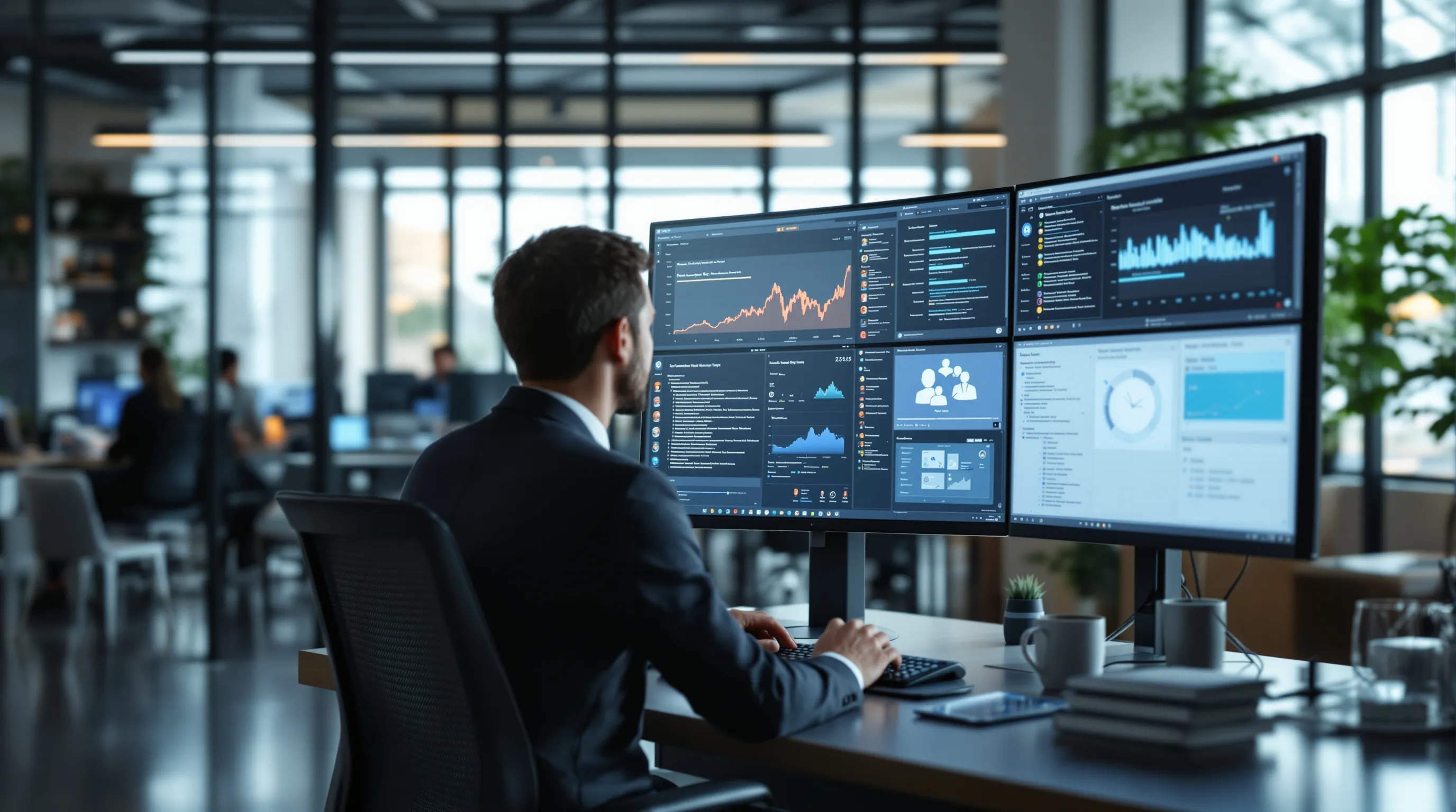 IT security professional monitoring AI tool usage logs on multiple screens in a corporate office