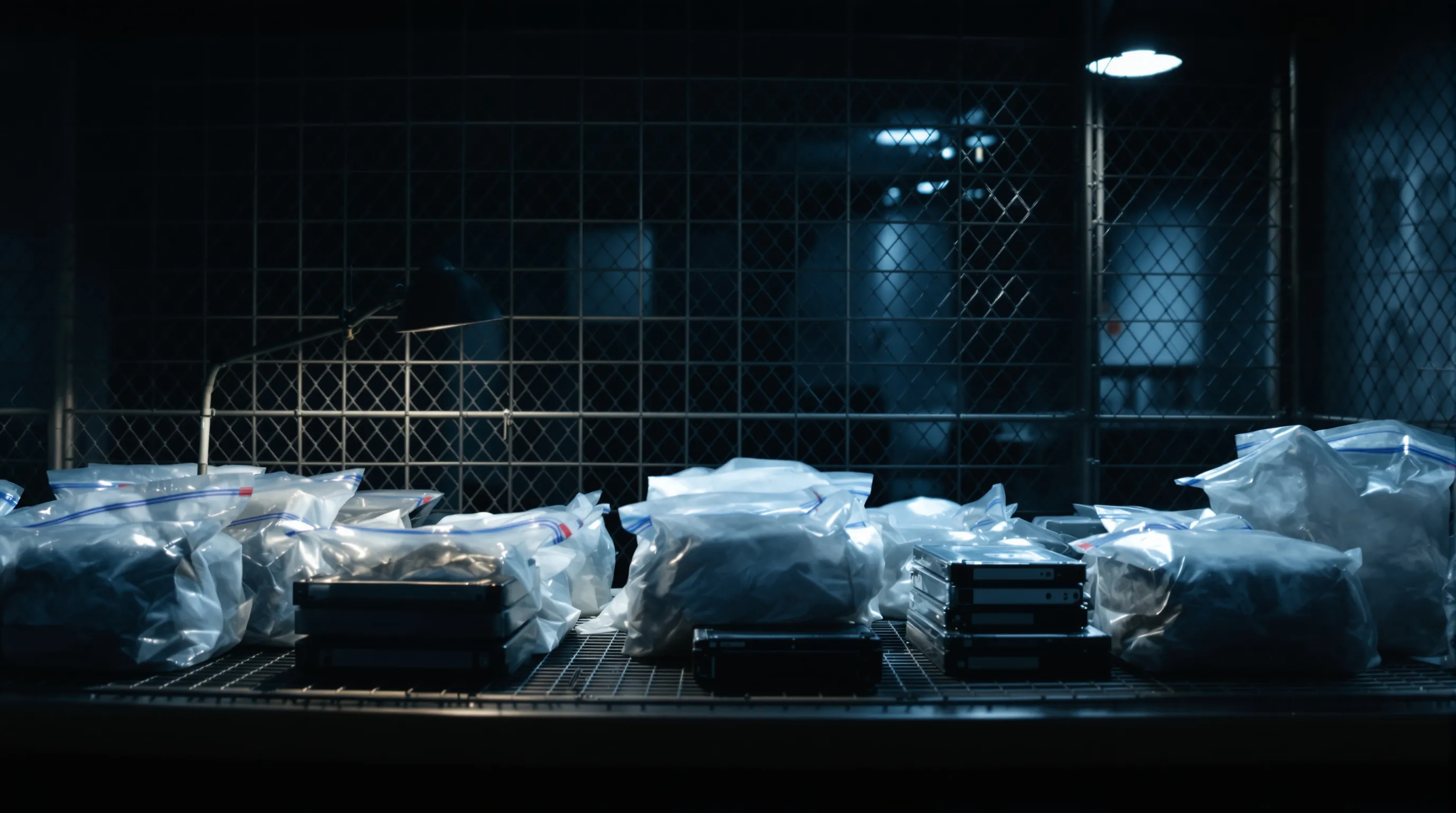 Hard drives and sealed evidence bags held behind a closed wire-mesh cage door in a dim evidence room