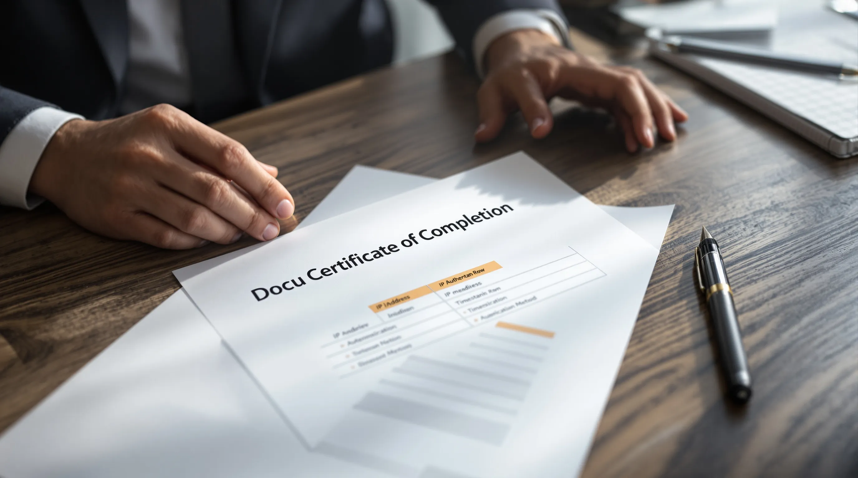 A DocuSign Certificate of Completion open on a desk with key evidentiary fields highlighted
