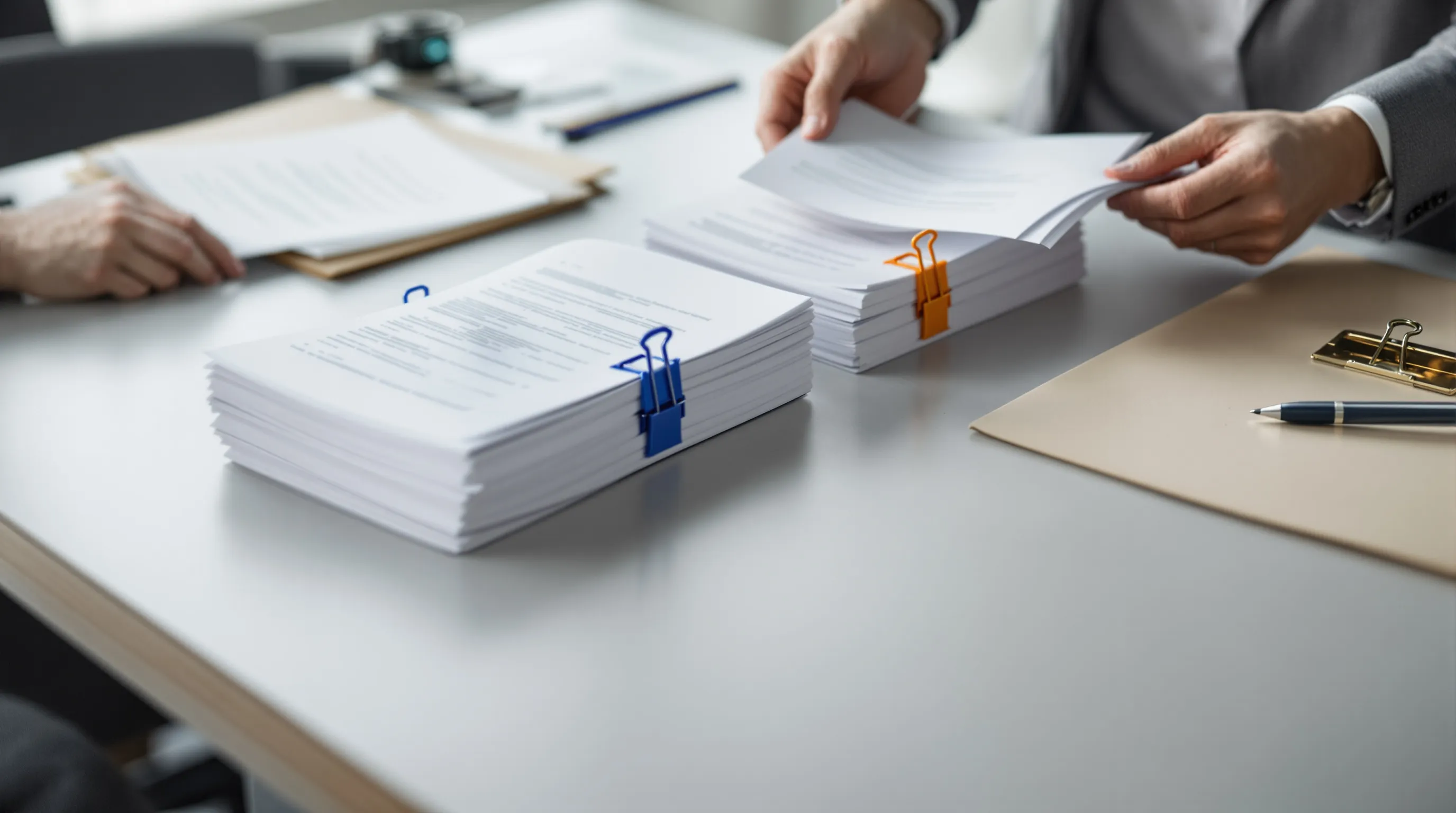 Three short stacks of printed documents sit sorted on a plain conference table, each held together by a different coloured binder clip, while a reviewer's hands lift a single page from one stack and move it toward