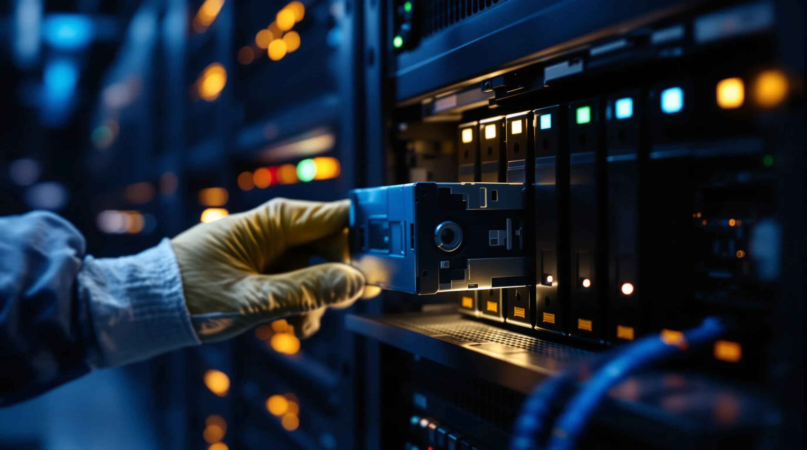 Photorealistic close view inside a dim server room: a technician's gloved hand slides a backup tape cartridge out of a tape library slot, while a coiled blue patch cable and a small flashlight rest on the rack shelf