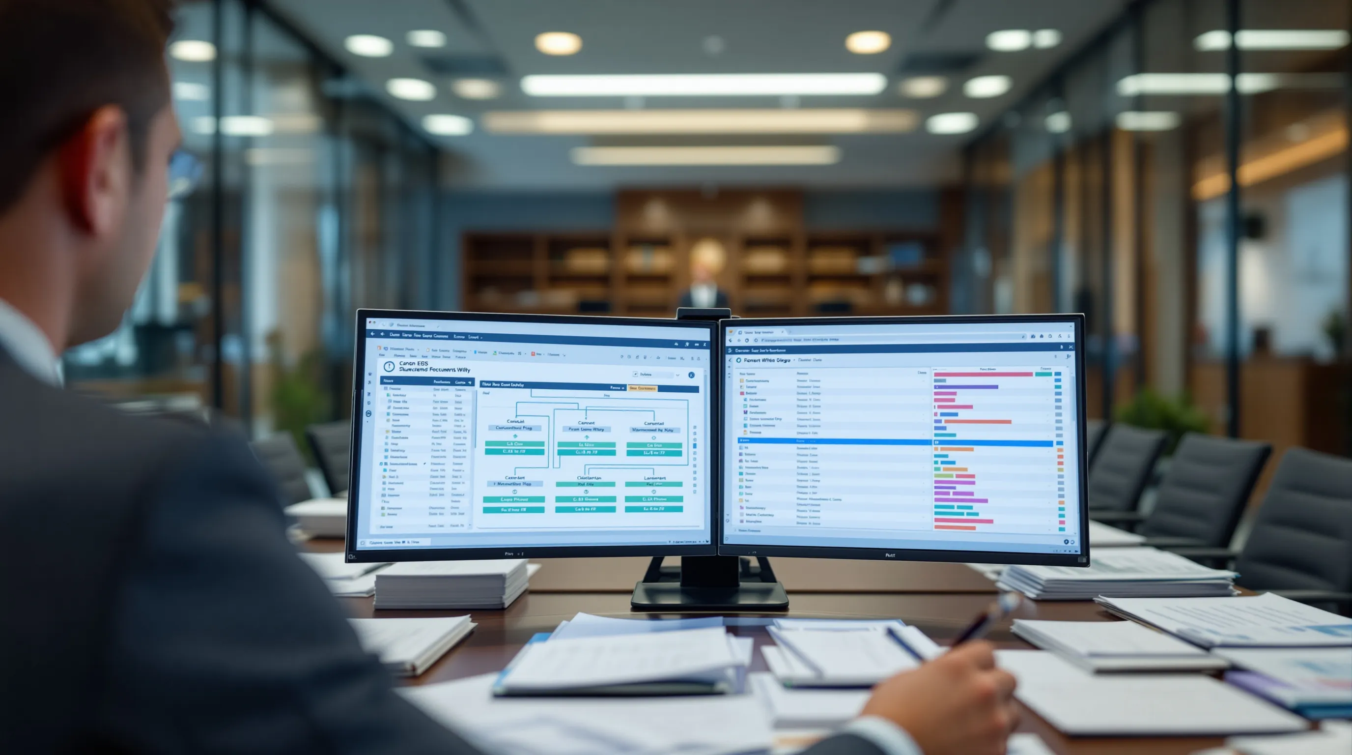 A legal professional comparing two AI document review workflow logs on dual screens, case files spread across a conference room table with a courtroom visible through glass walls.