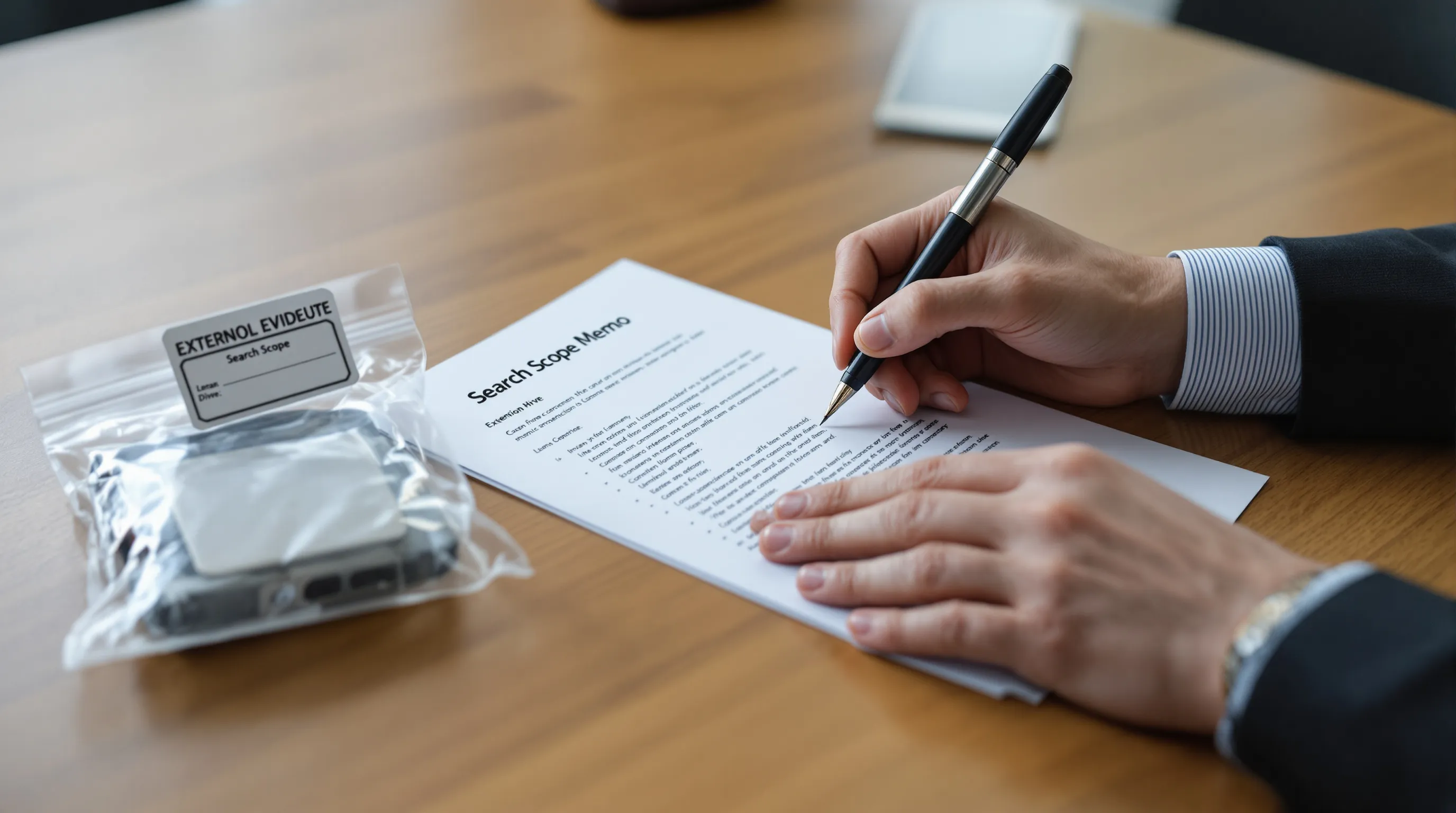 Attorney initialing a written chat search scope beside a sealed evidence drive with a chain-of-custody tag