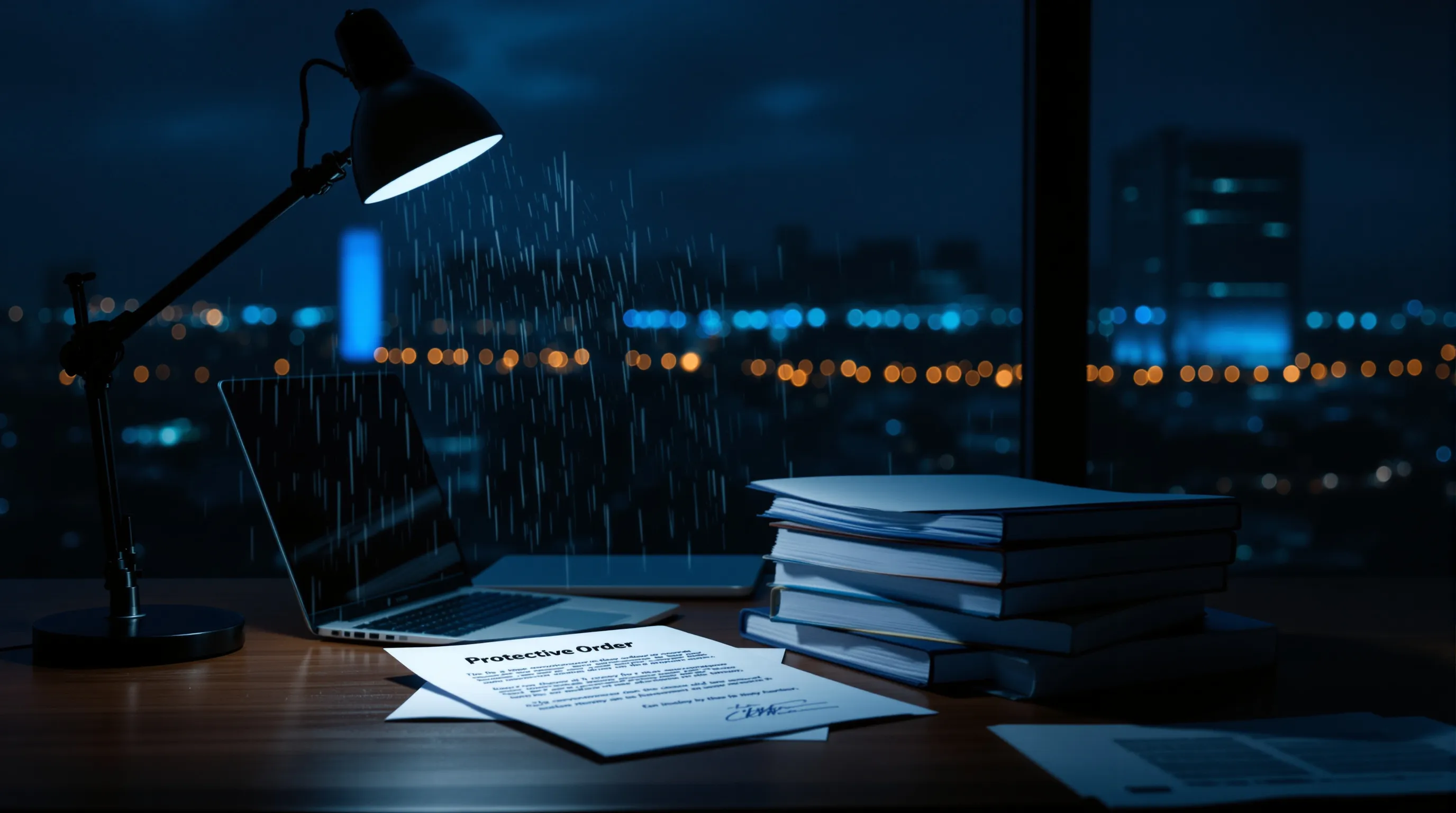 Signed protective order on a stack of discovery binders beside a laptop in a dark law office, with a distant data center glowing through a rainy window