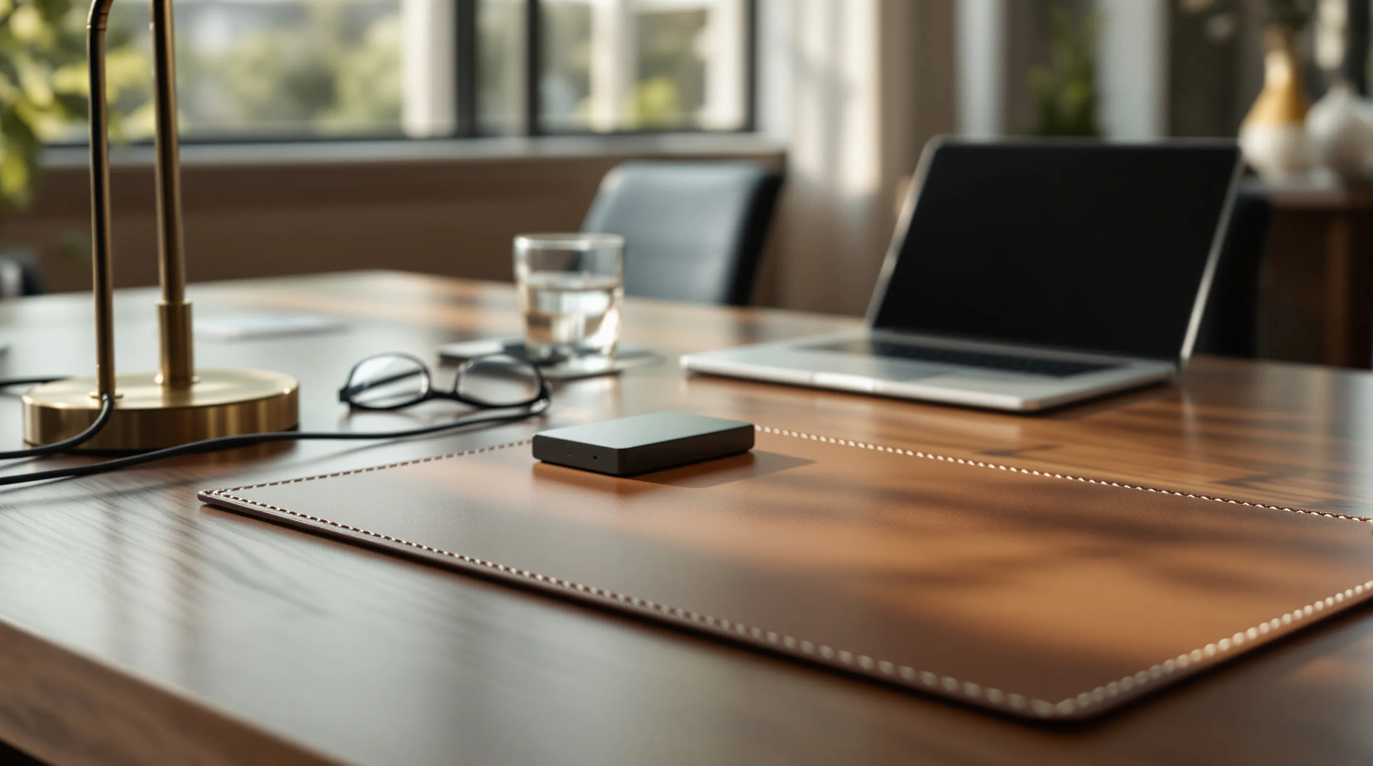 Photorealistic editorial still life on a walnut conference table in soft late-afternoon window light: a fountain pen resting beside a bare leather desk pad, a small external hard drive set slightly apart, a brass desk