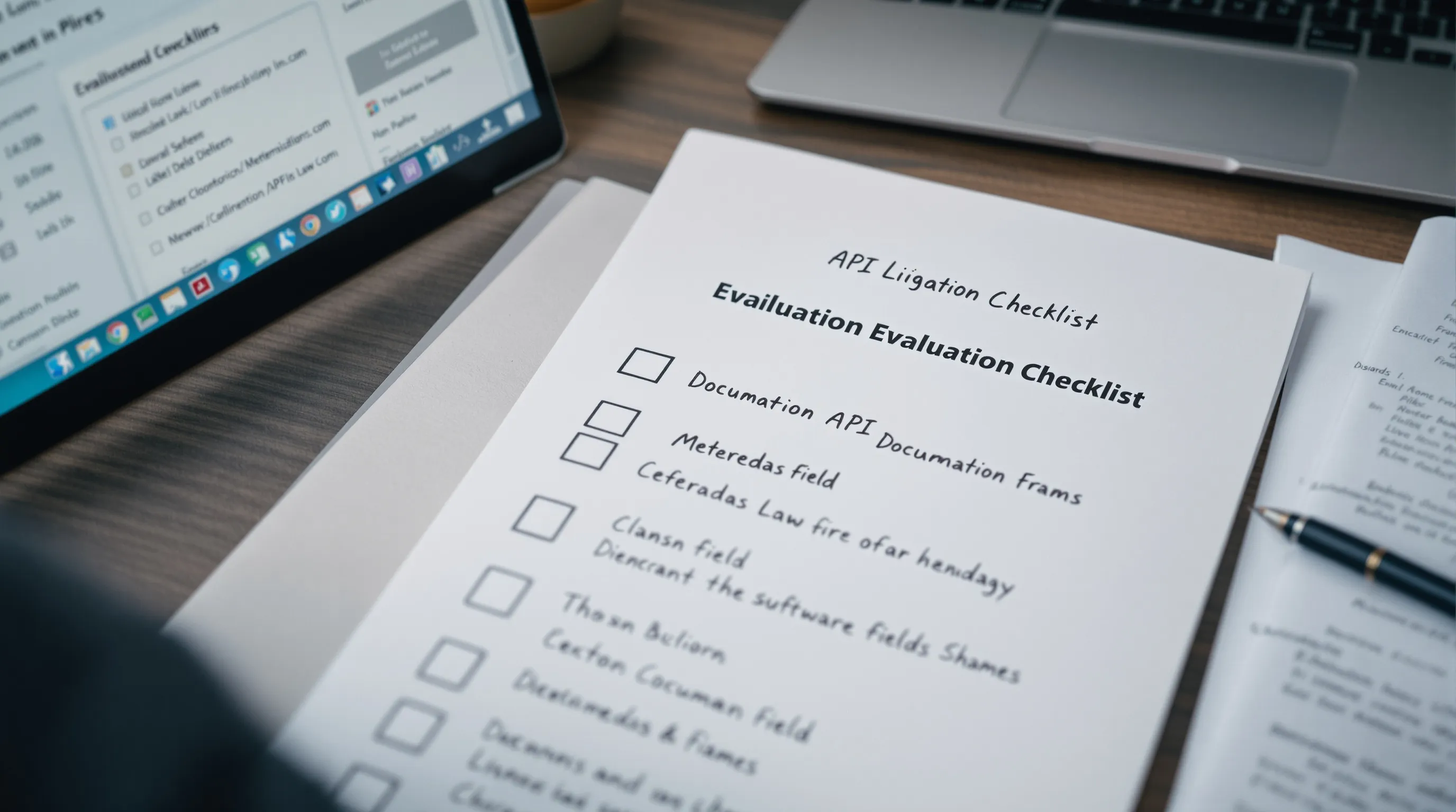 Printed SaaS evaluation checklist with API metadata documentation open on a laptop, representing a pre-signature data exit audit for litigation