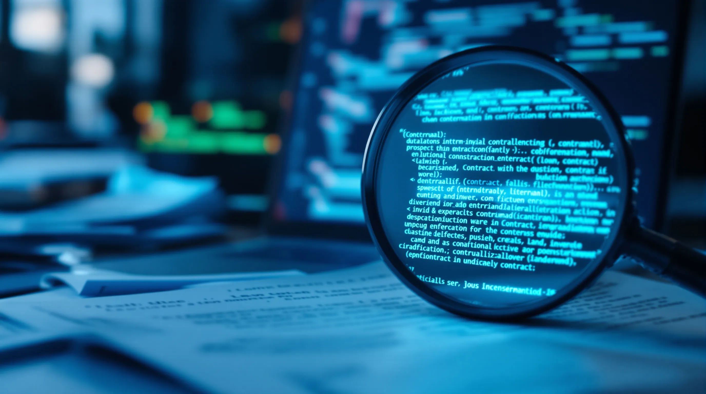 Magnifying glass examining fine print in an AI vendor contract, with legal documents and code in the background