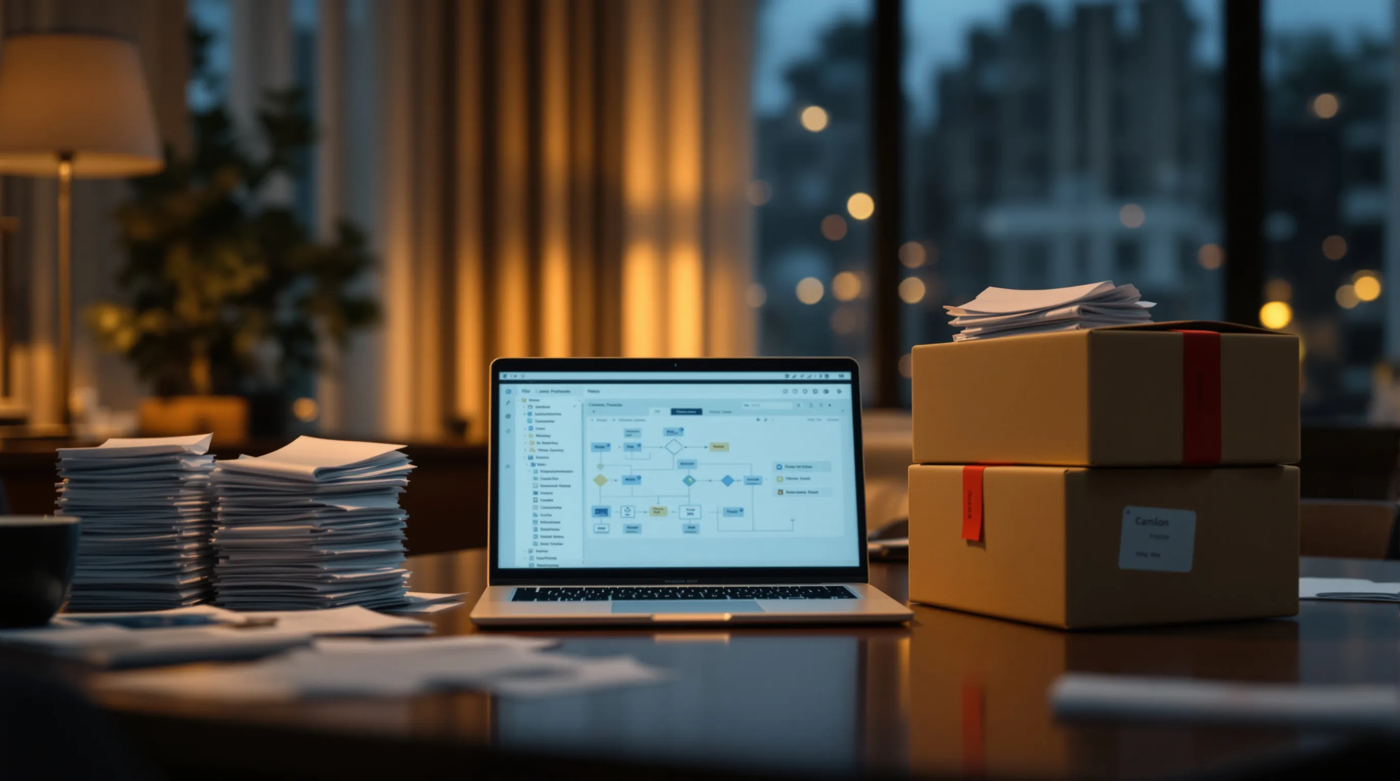 Laptop running a homemade AI review workflow next to boxes of litigation documents and a sealed evidence box